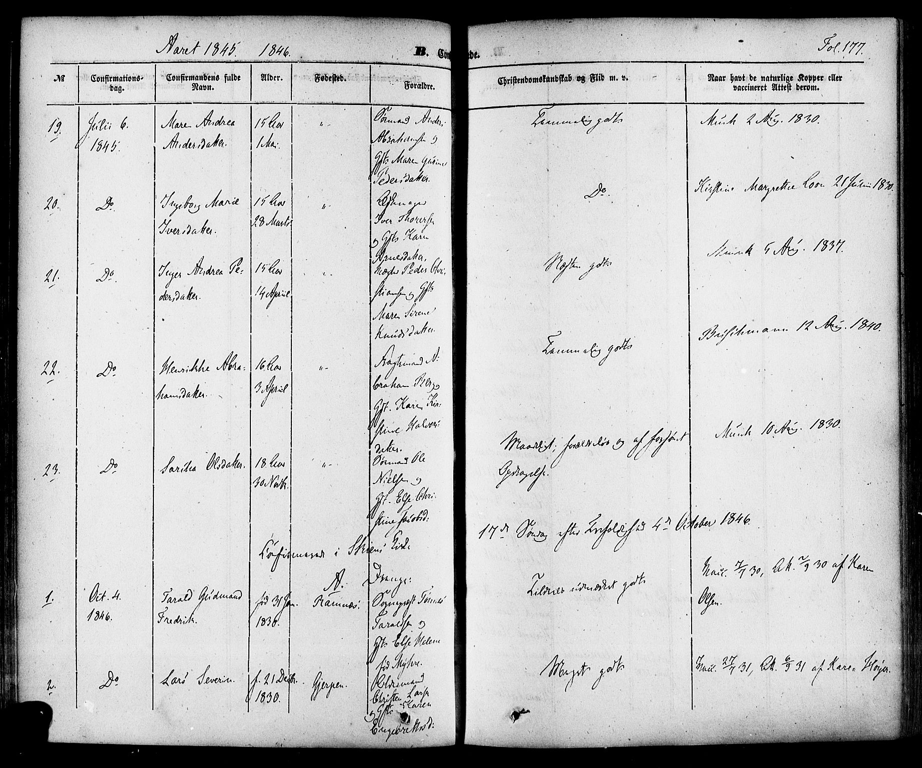 Skien kirkebøker, SAKO/A-302/F/Fa/L0006a: Parish register (official) no. 6A, 1843-1856, p. 177
