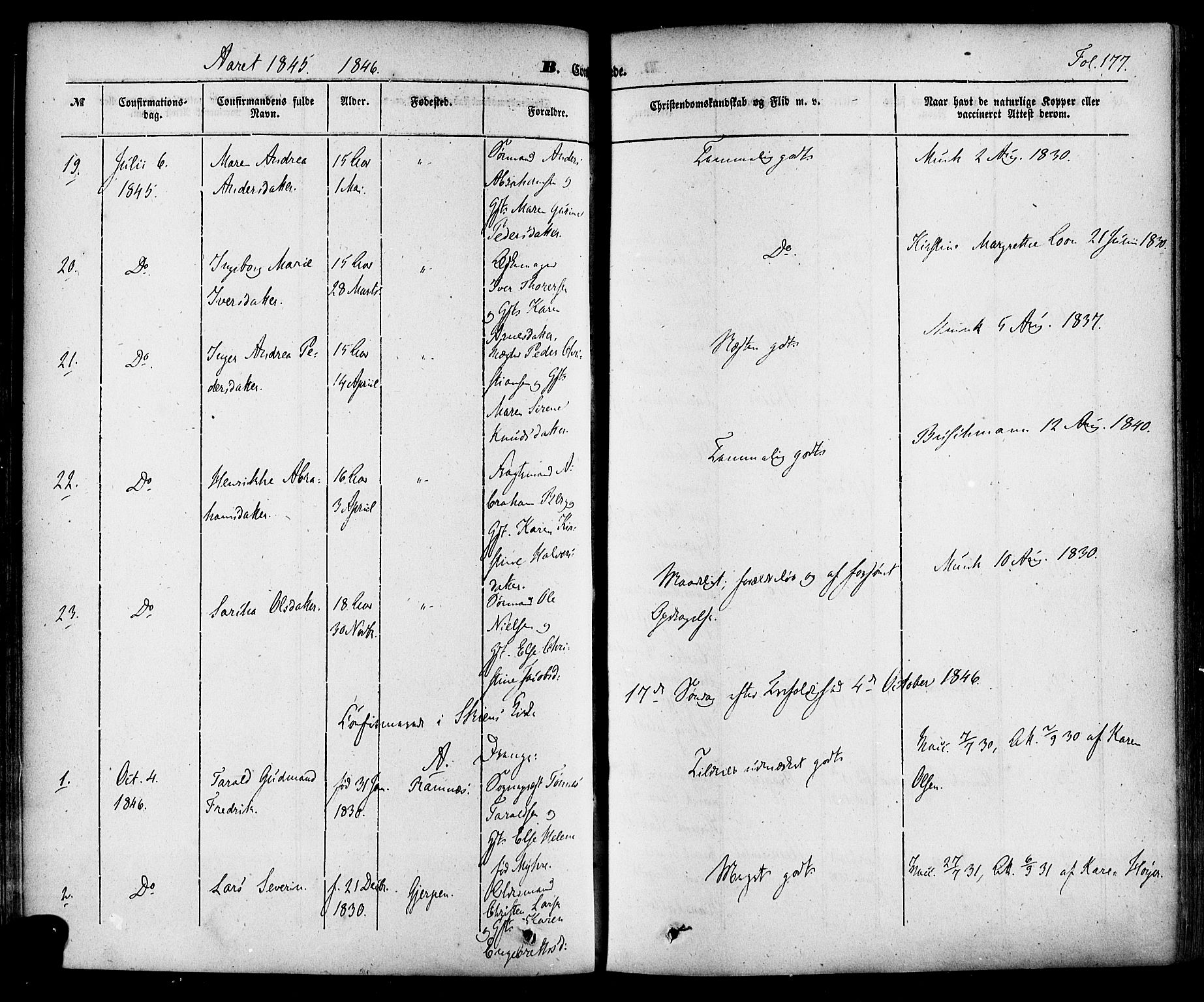 Skien kirkebøker, AV/SAKO-A-302/F/Fa/L0006a: Parish register (official) no. 6A, 1843-1856, p. 177