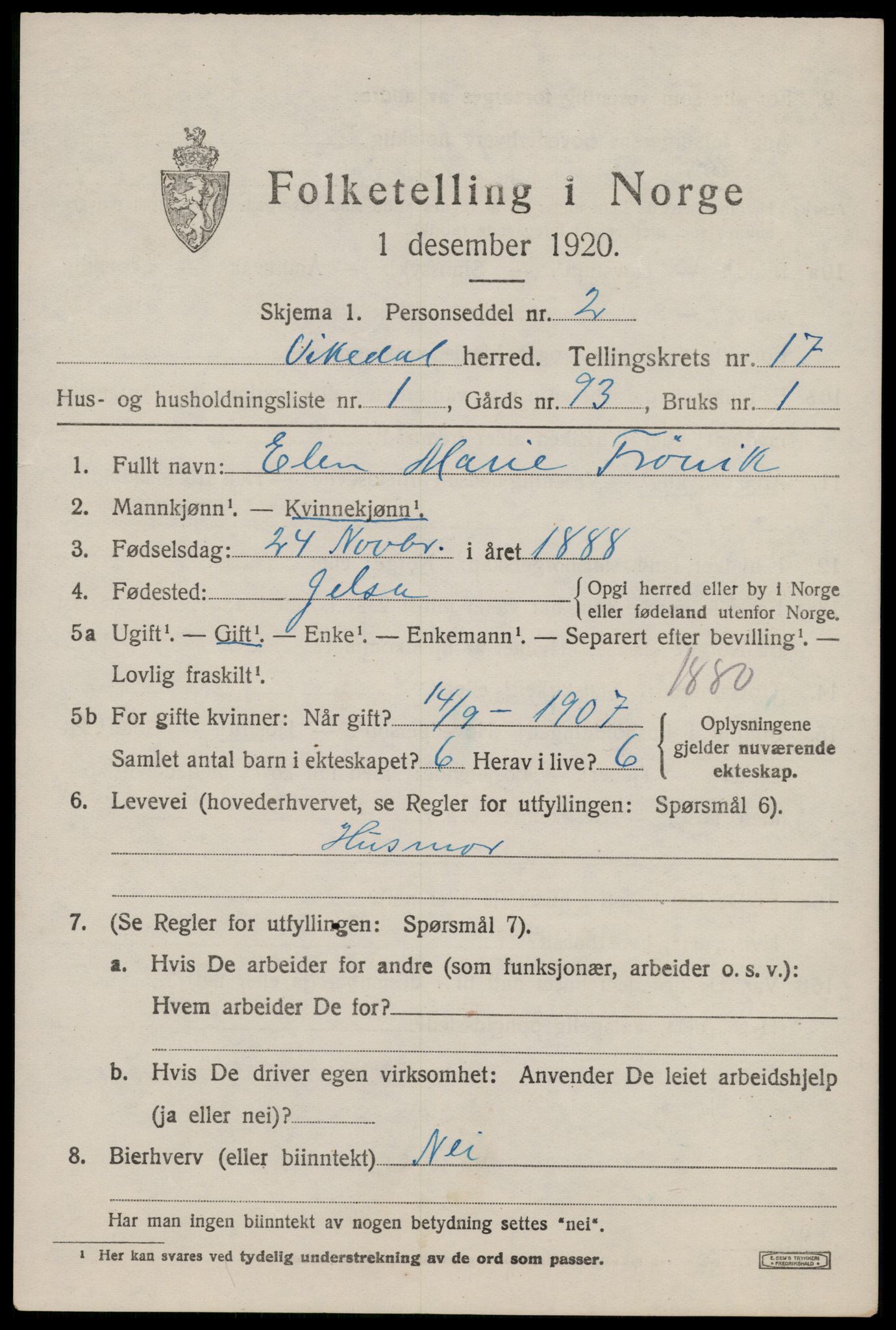 SAST, 1920 census for Vikedal, 1920, p. 5011