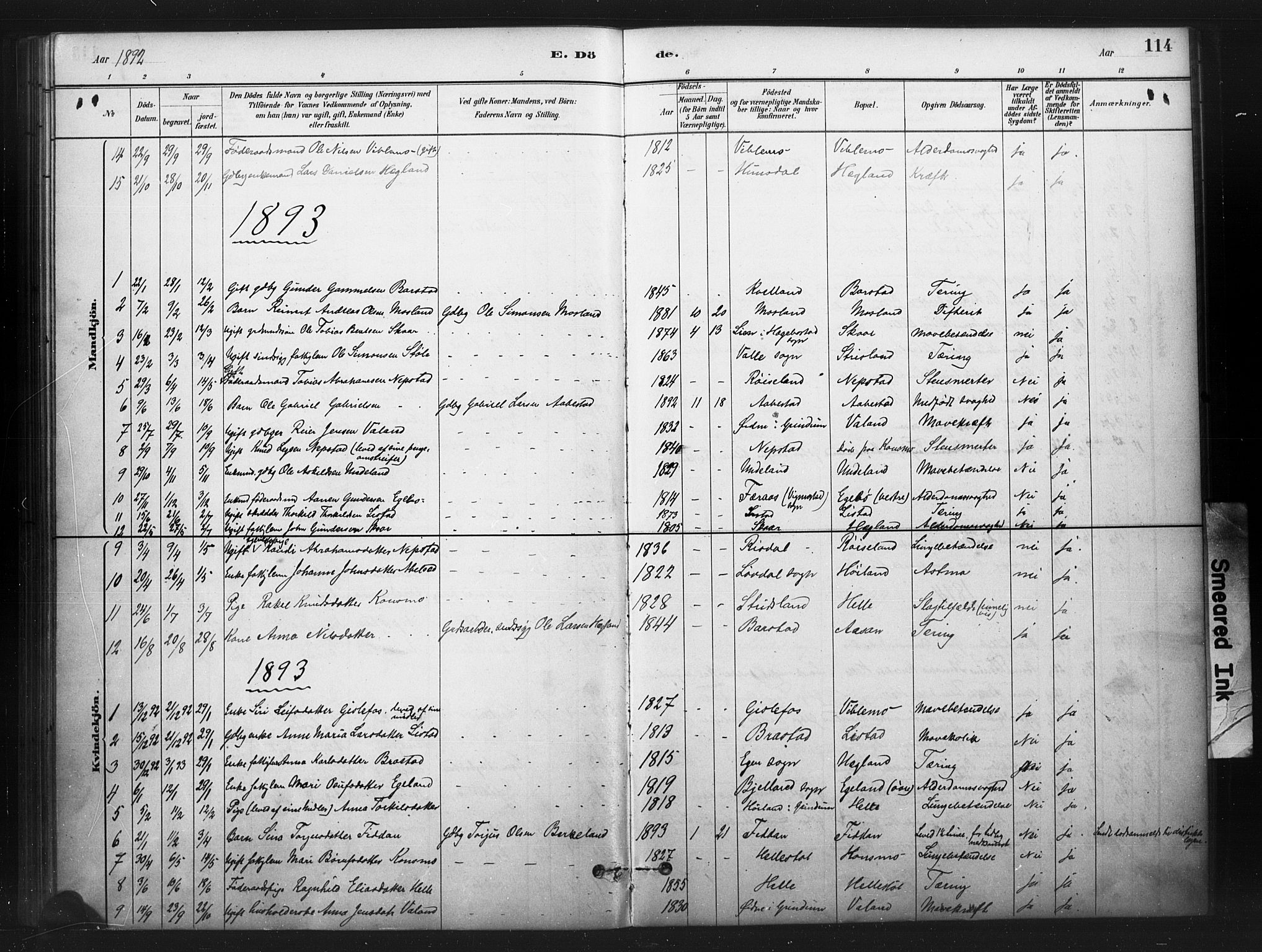 Nord-Audnedal sokneprestkontor, SAK/1111-0032/F/Fa/Faa/L0003: Parish register (official) no. A 3, 1882-1900, p. 114