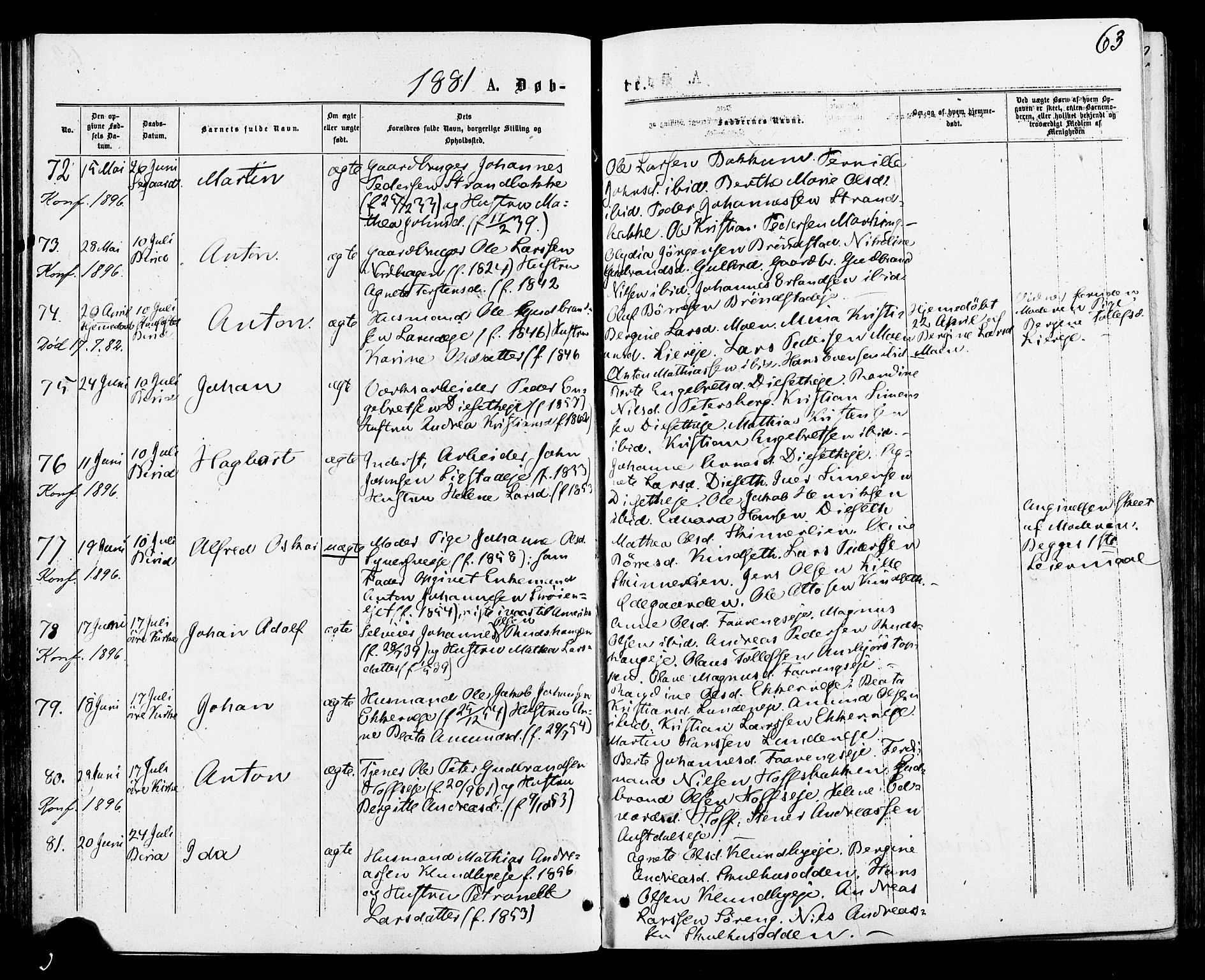 Biri prestekontor, AV/SAH-PREST-096/H/Ha/Haa/L0006: Parish register (official) no. 6, 1877-1886, p. 63