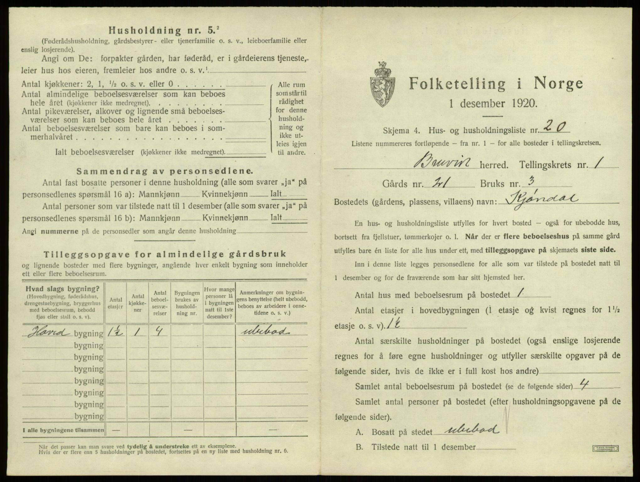 SAB, 1920 census for Bruvik, 1920, p. 93