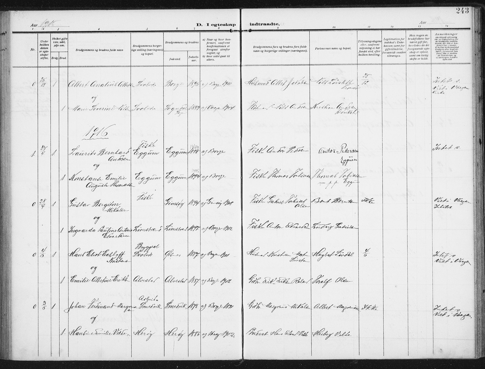 Ministerialprotokoller, klokkerbøker og fødselsregistre - Nordland, AV/SAT-A-1459/880/L1135: Parish register (official) no. 880A09, 1908-1919, p. 243