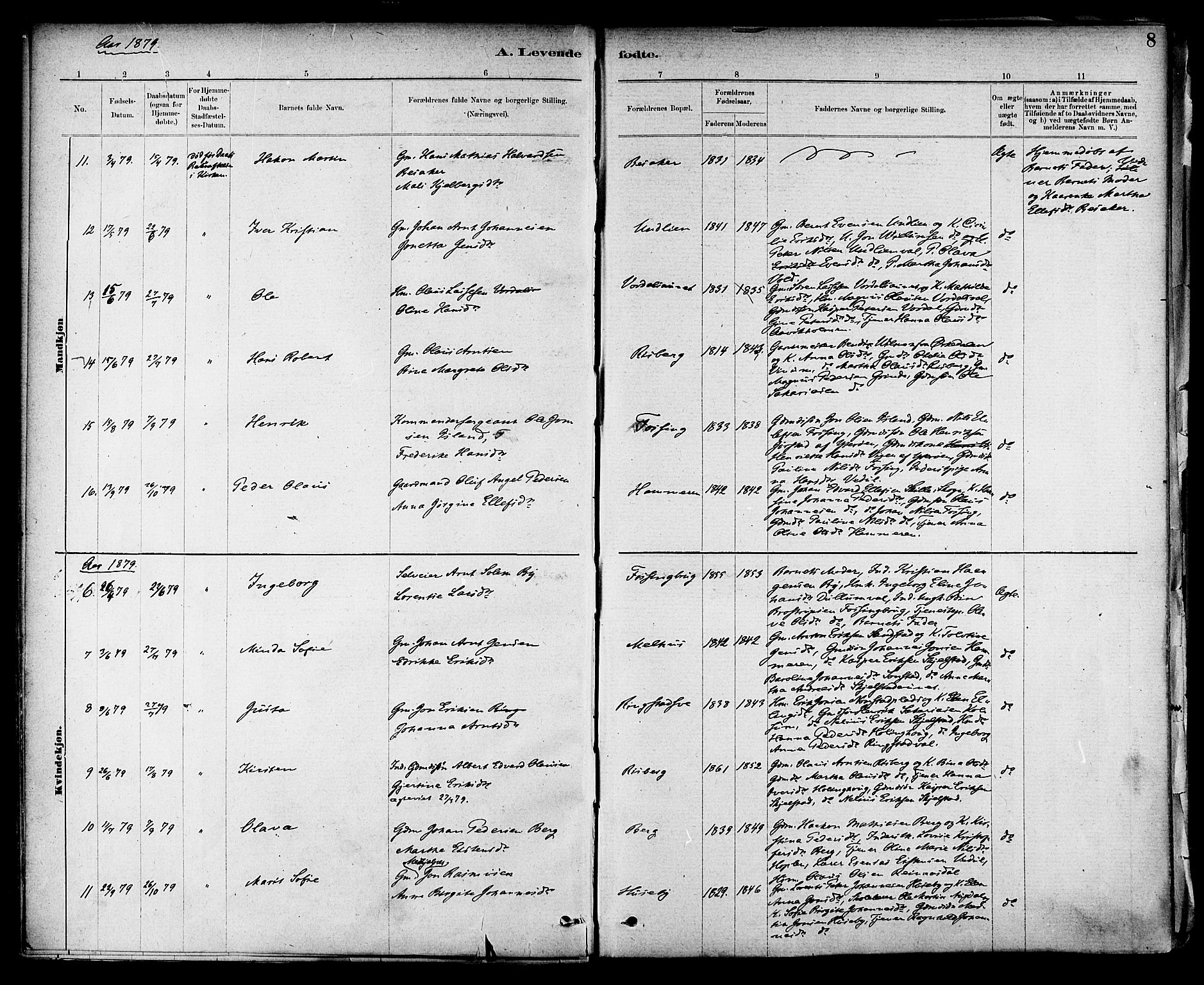 Ministerialprotokoller, klokkerbøker og fødselsregistre - Nord-Trøndelag, AV/SAT-A-1458/714/L0130: Parish register (official) no. 714A01, 1878-1895, p. 8