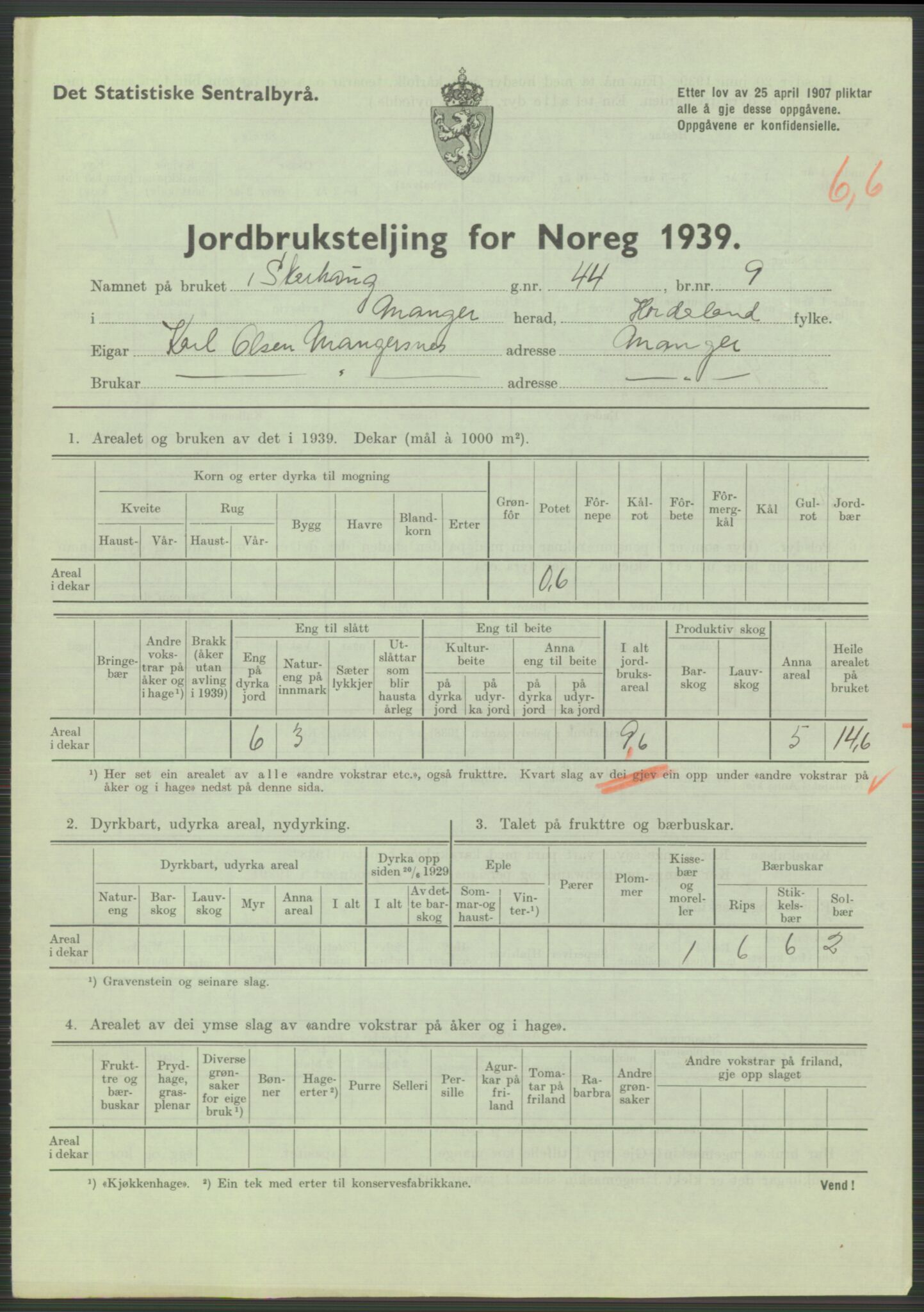 Statistisk sentralbyrå, Næringsøkonomiske emner, Jordbruk, skogbruk, jakt, fiske og fangst, AV/RA-S-2234/G/Gb/L0211: Hordaland: Herdla, Hjelme og Manger, 1939, p. 1455