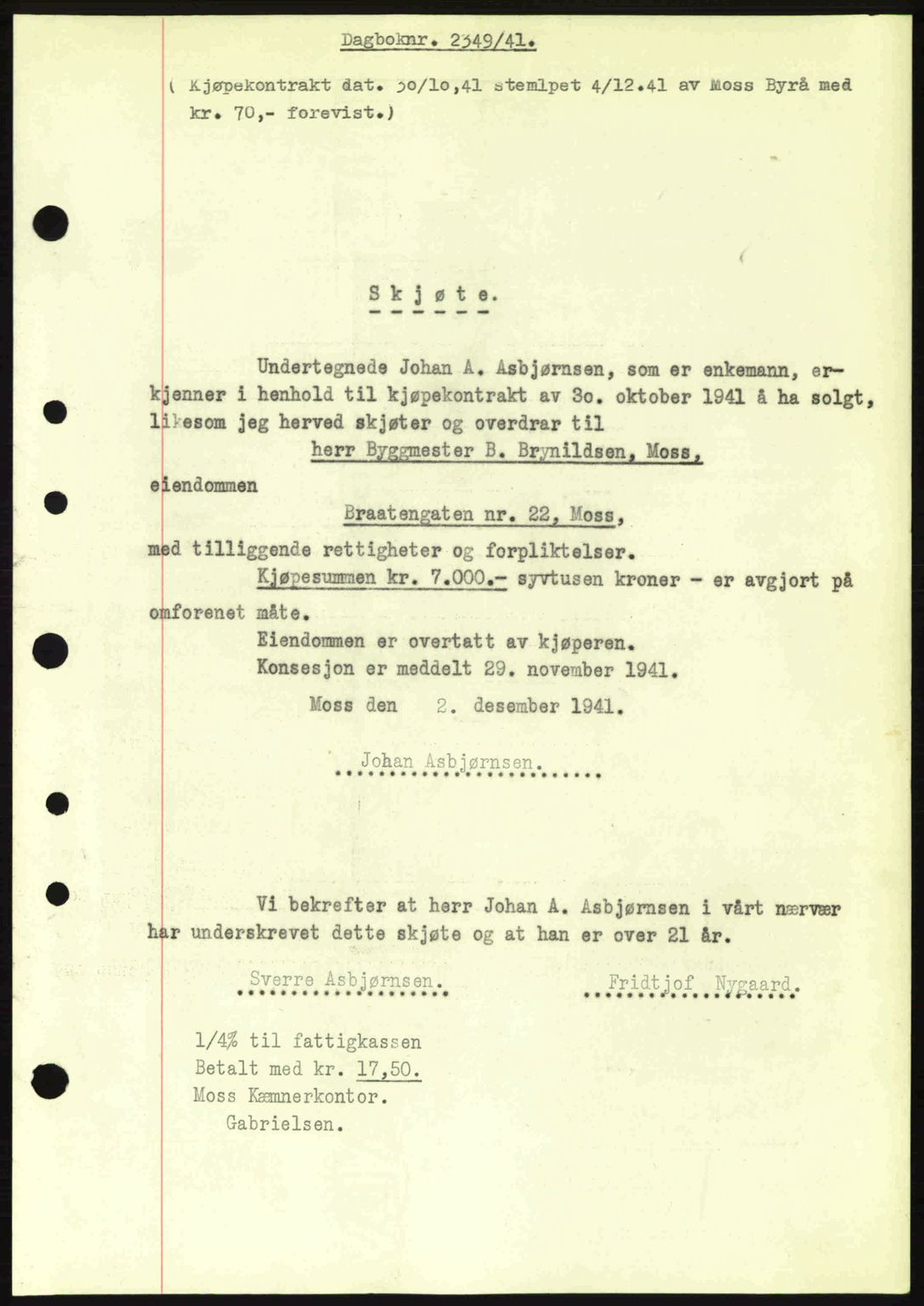 Moss sorenskriveri, SAO/A-10168: Mortgage book no. A9, 1941-1942, Diary no: : 2349/1941