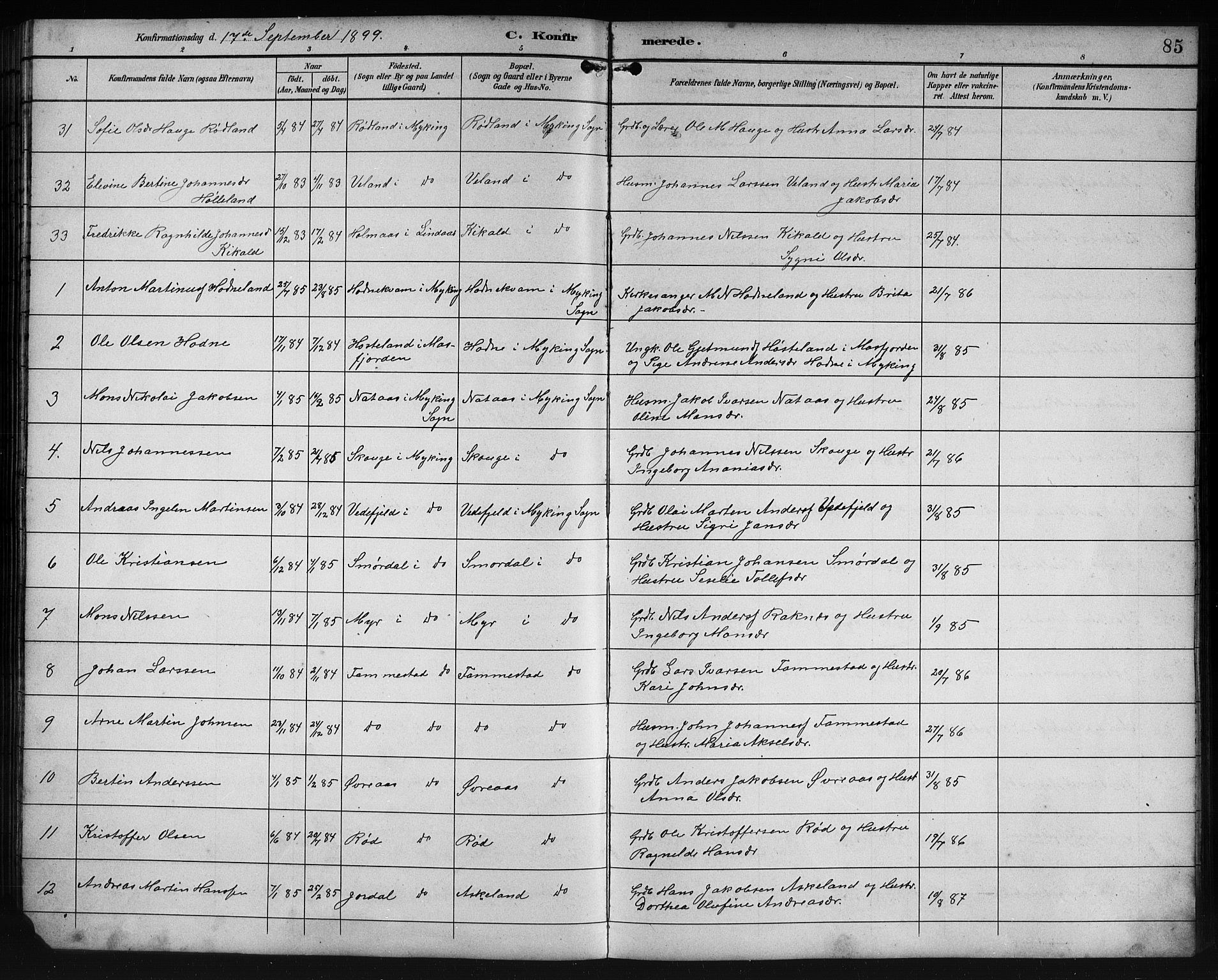 Lindås Sokneprestembete, SAB/A-76701/H/Hab: Parish register (copy) no. E 3, 1892-1905, p. 85