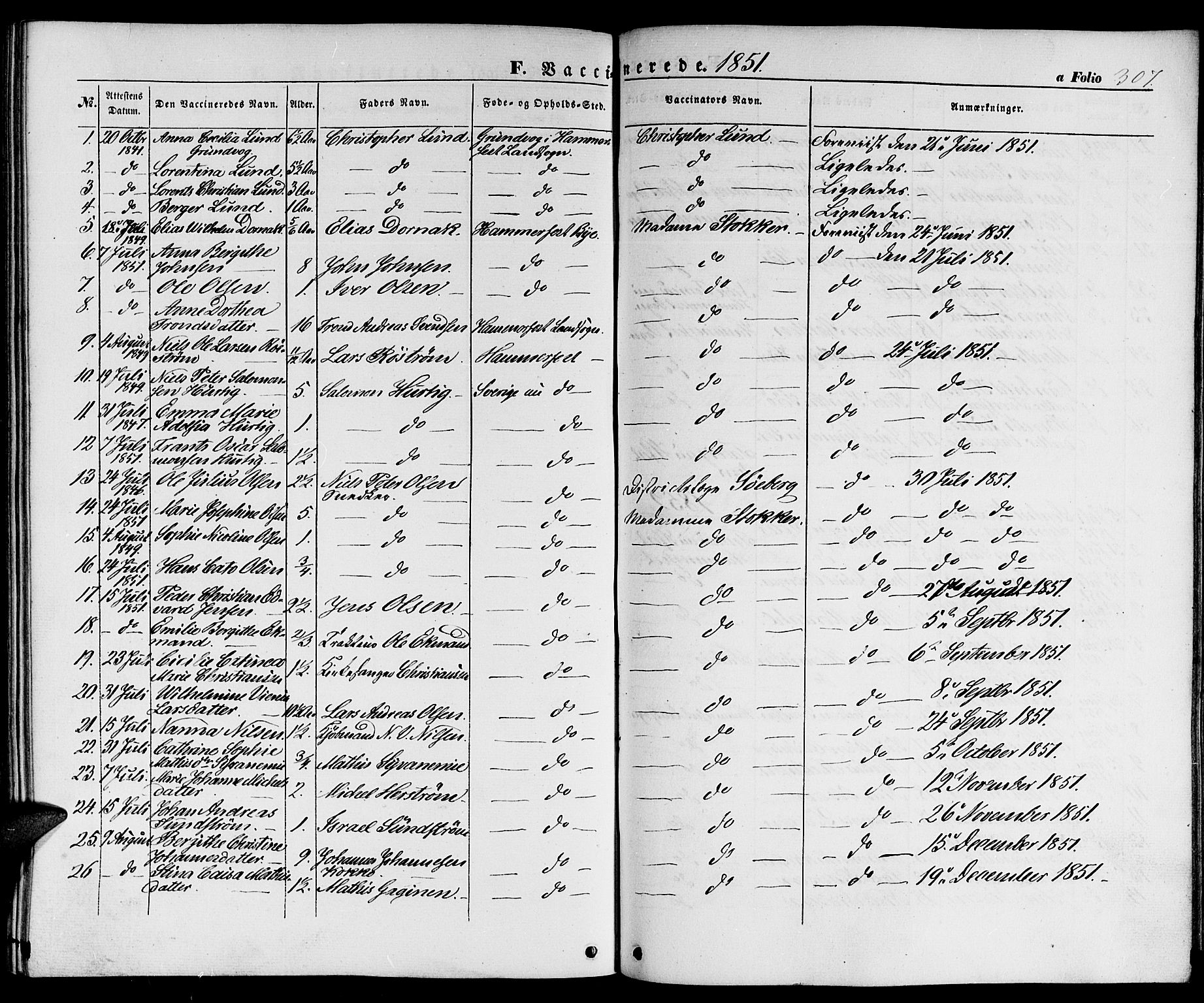 Hammerfest sokneprestkontor, AV/SATØ-S-1347/H/Hb/L0002.klokk: Parish register (copy) no. 2, 1851-1861, p. 307