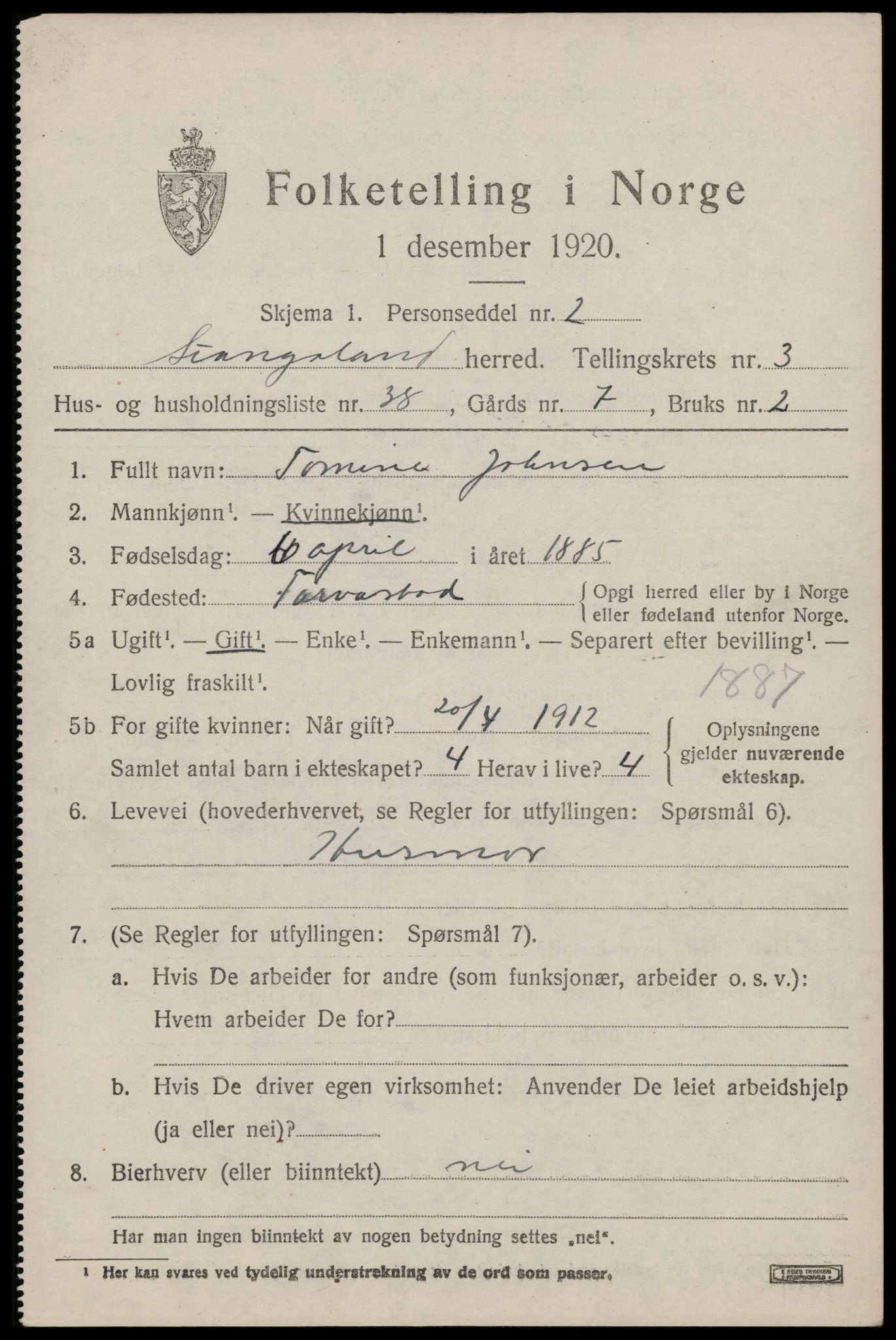 SAST, 1920 census for Stangaland, 1920, p. 2757