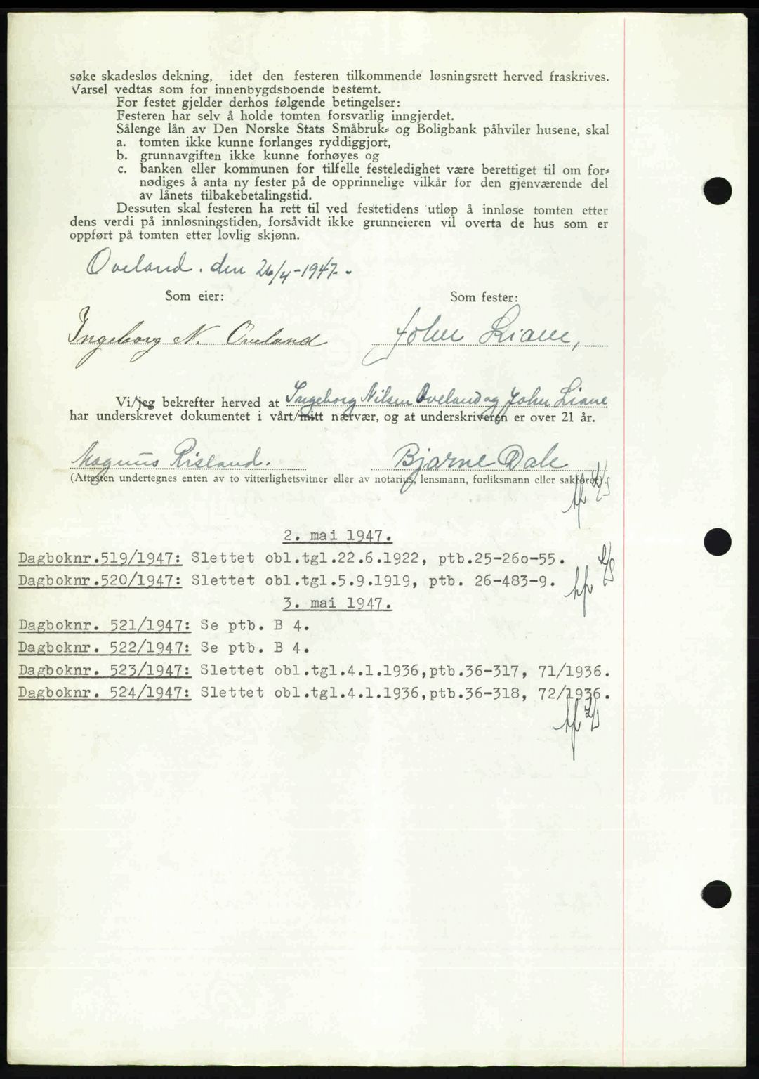 Nedenes sorenskriveri, AV/SAK-1221-0006/G/Gb/Gba/L0057: Mortgage book no. A9, 1947-1947, Diary no: : 518/1947