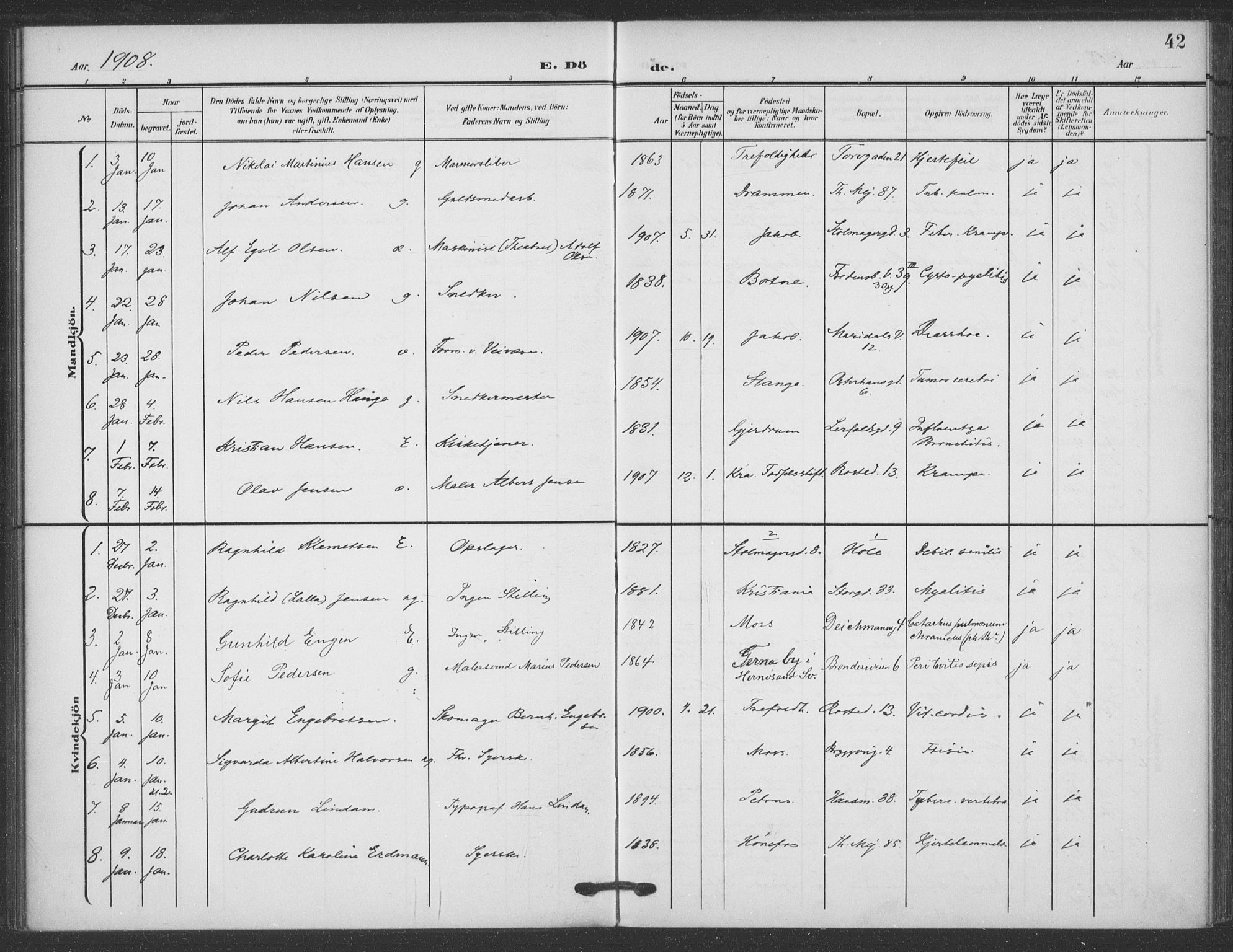 Jakob prestekontor Kirkebøker, SAO/A-10850/F/Fa/L0011: Parish register (official) no. 11, 1906-1920, p. 42