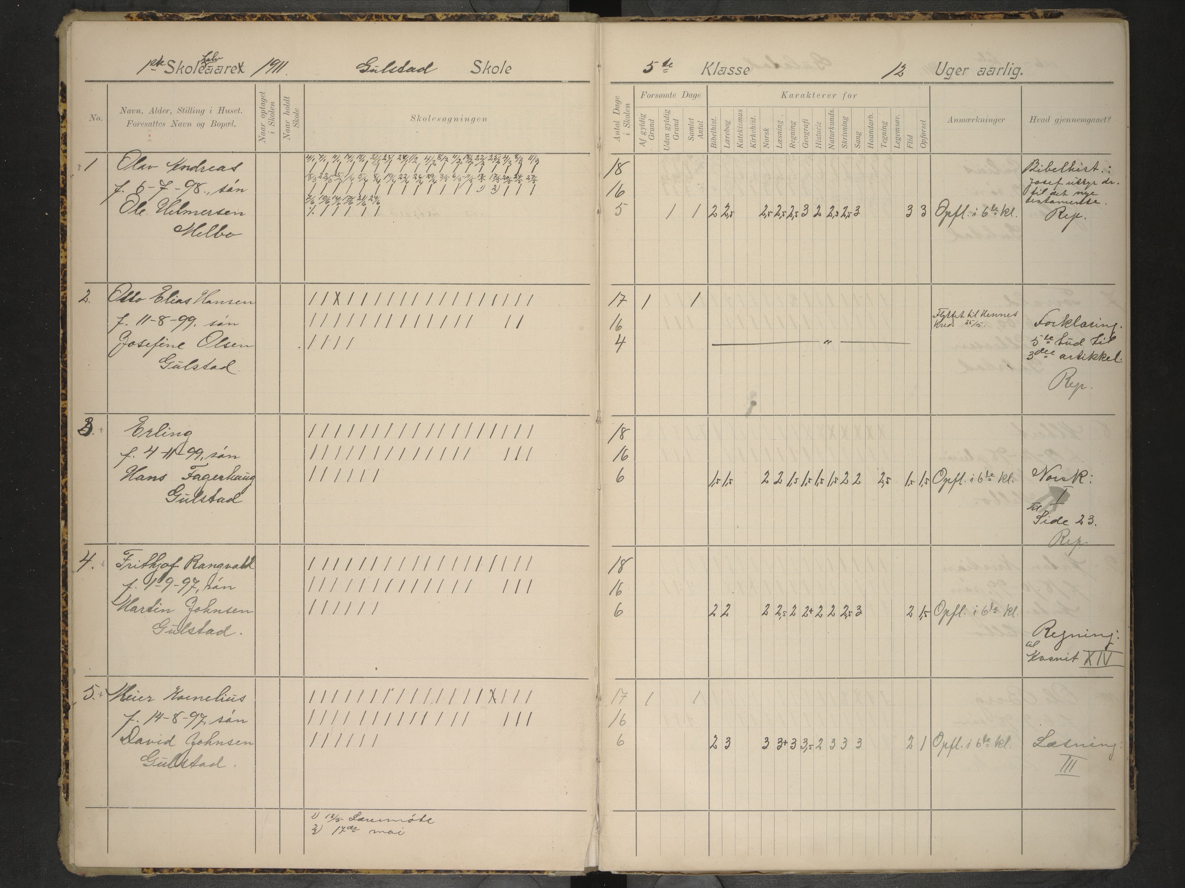 Hadsel kommune. Gulstad skolekrets, AIN/K-18660.510.28/F/Fa/L0002: Skoleprotokoll for Gulstad skole, 1911-1917