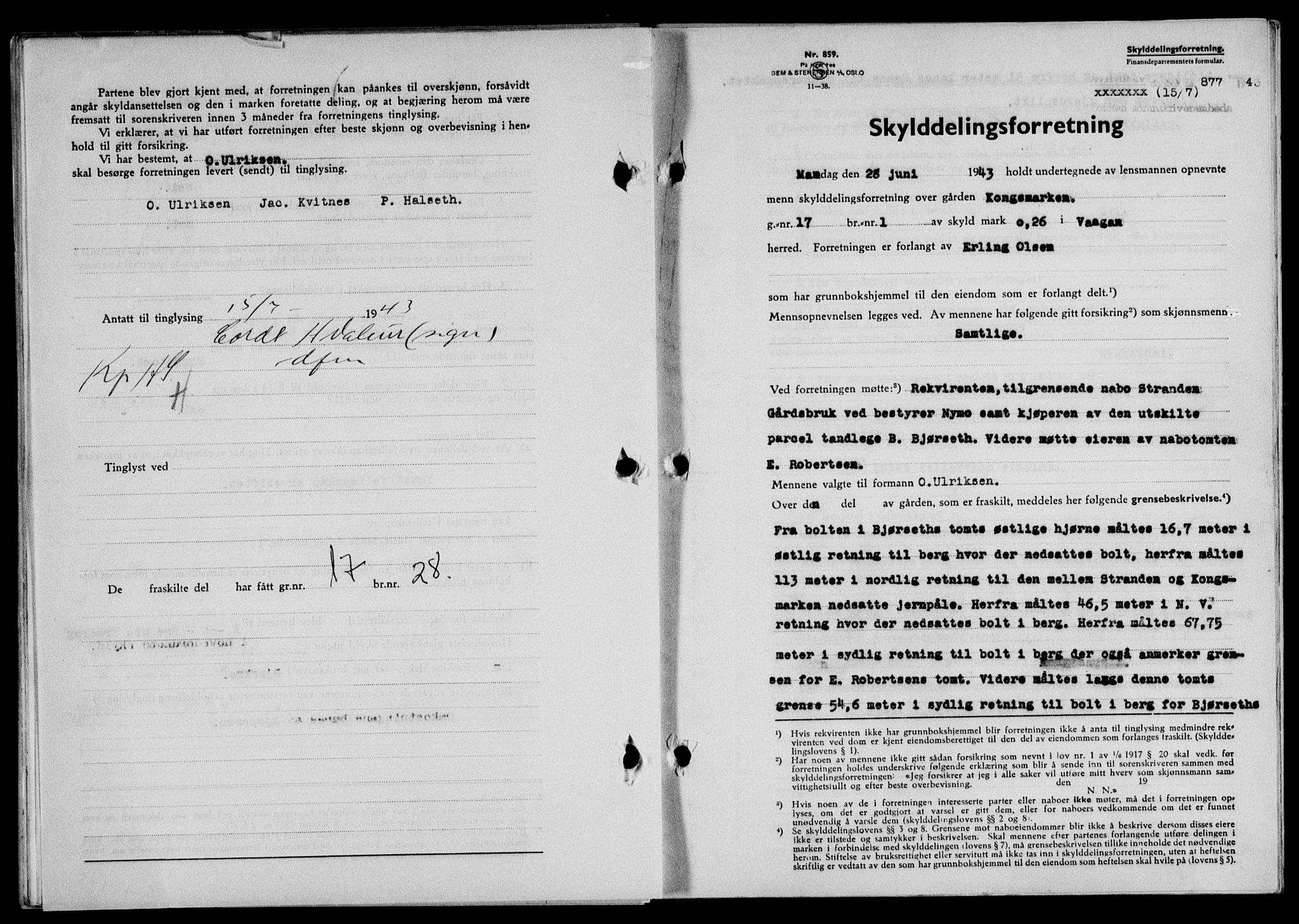 Lofoten sorenskriveri, SAT/A-0017/1/2/2C/L0011a: Mortgage book no. 11a, 1943-1943, Diary no: : 877/1943