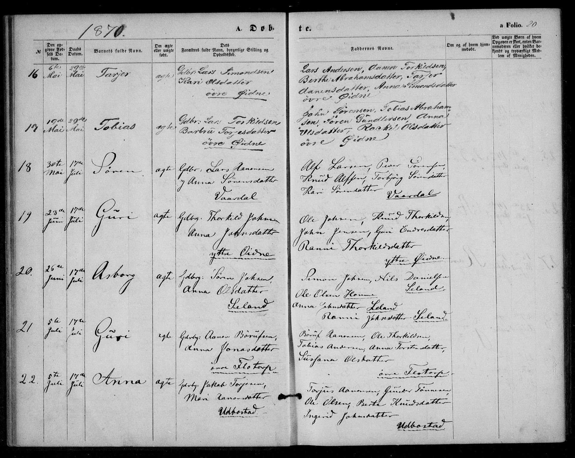 Bjelland sokneprestkontor, AV/SAK-1111-0005/F/Fa/Fac/L0002: Parish register (official) no. A 2, 1866-1887, p. 20
