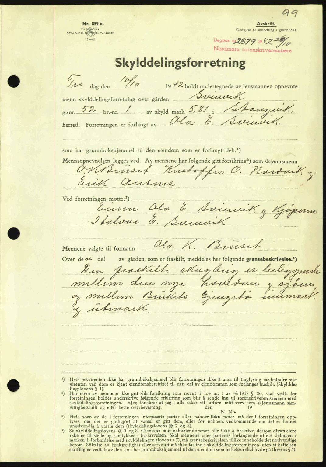 Nordmøre sorenskriveri, AV/SAT-A-4132/1/2/2Ca: Mortgage book no. A94, 1942-1943, Diary no: : 2879/1942
