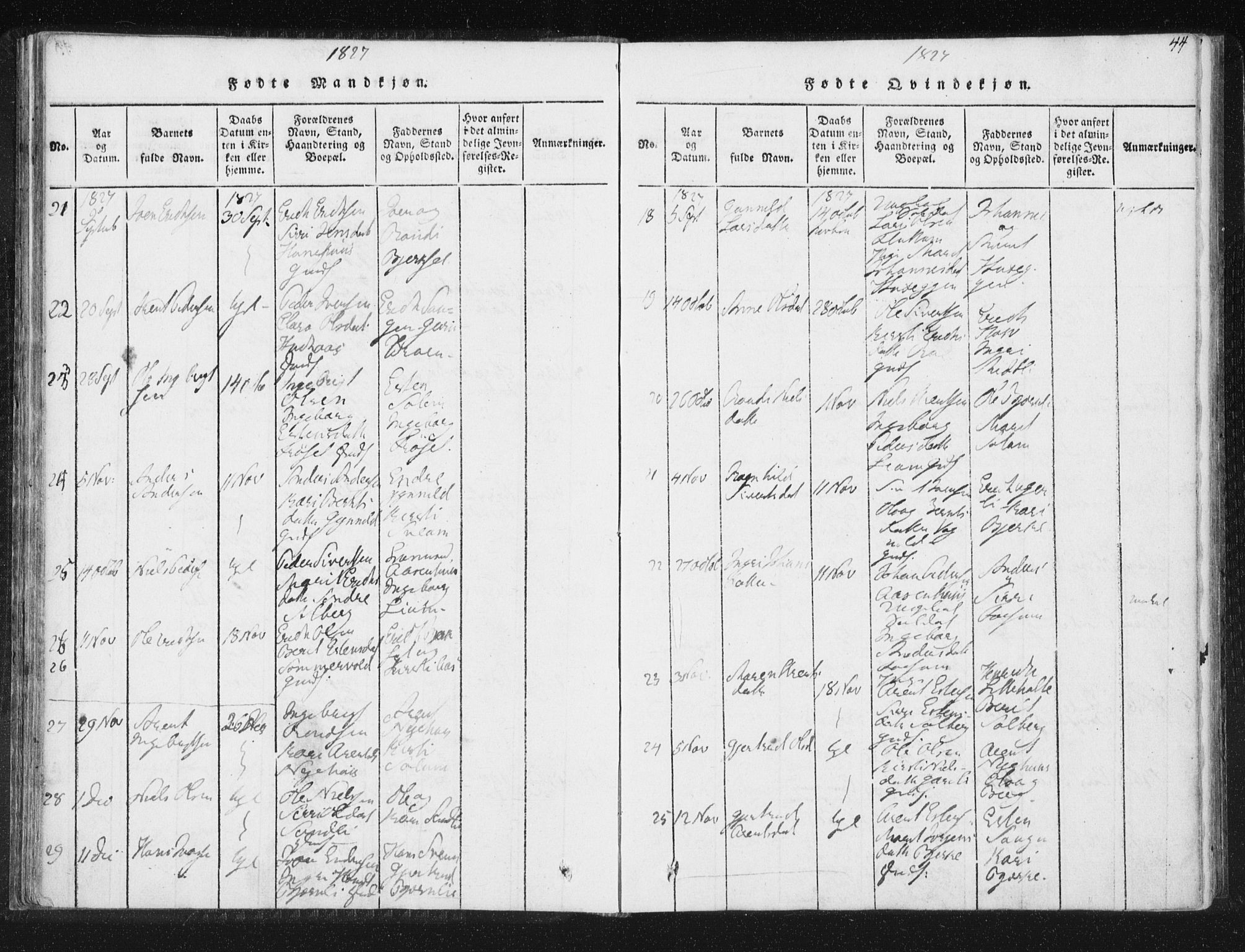 Ministerialprotokoller, klokkerbøker og fødselsregistre - Sør-Trøndelag, SAT/A-1456/689/L1037: Parish register (official) no. 689A02, 1816-1842, p. 44