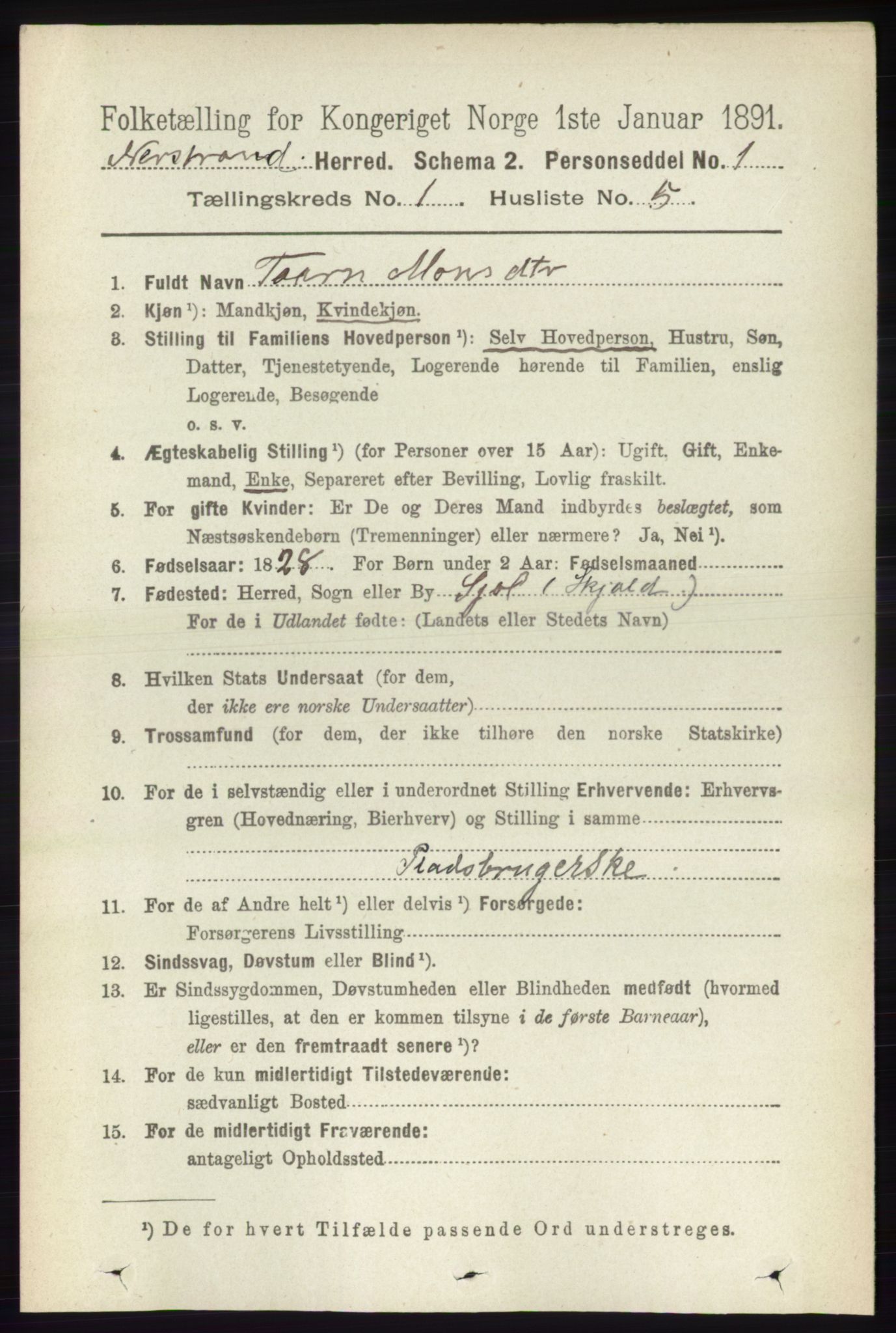 RA, 1891 census for 1139 Nedstrand, 1891, p. 94