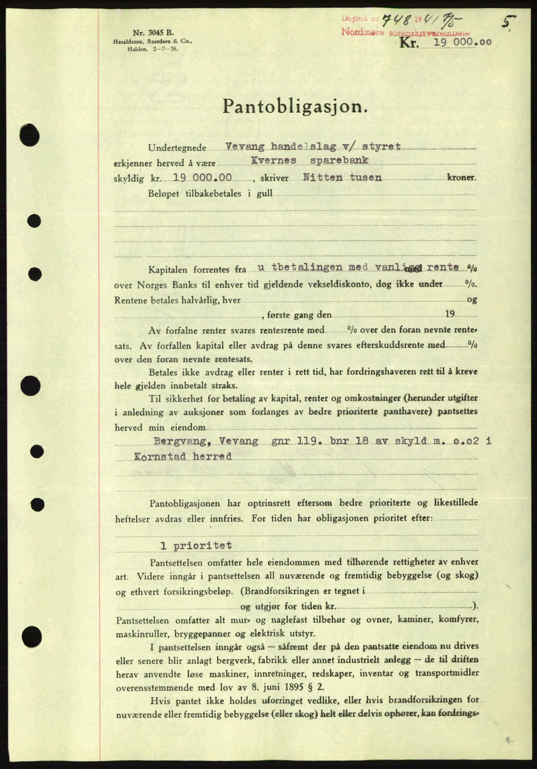 Nordmøre sorenskriveri, AV/SAT-A-4132/1/2/2Ca: Mortgage book no. B88, 1941-1942, Diary no: : 748/1941