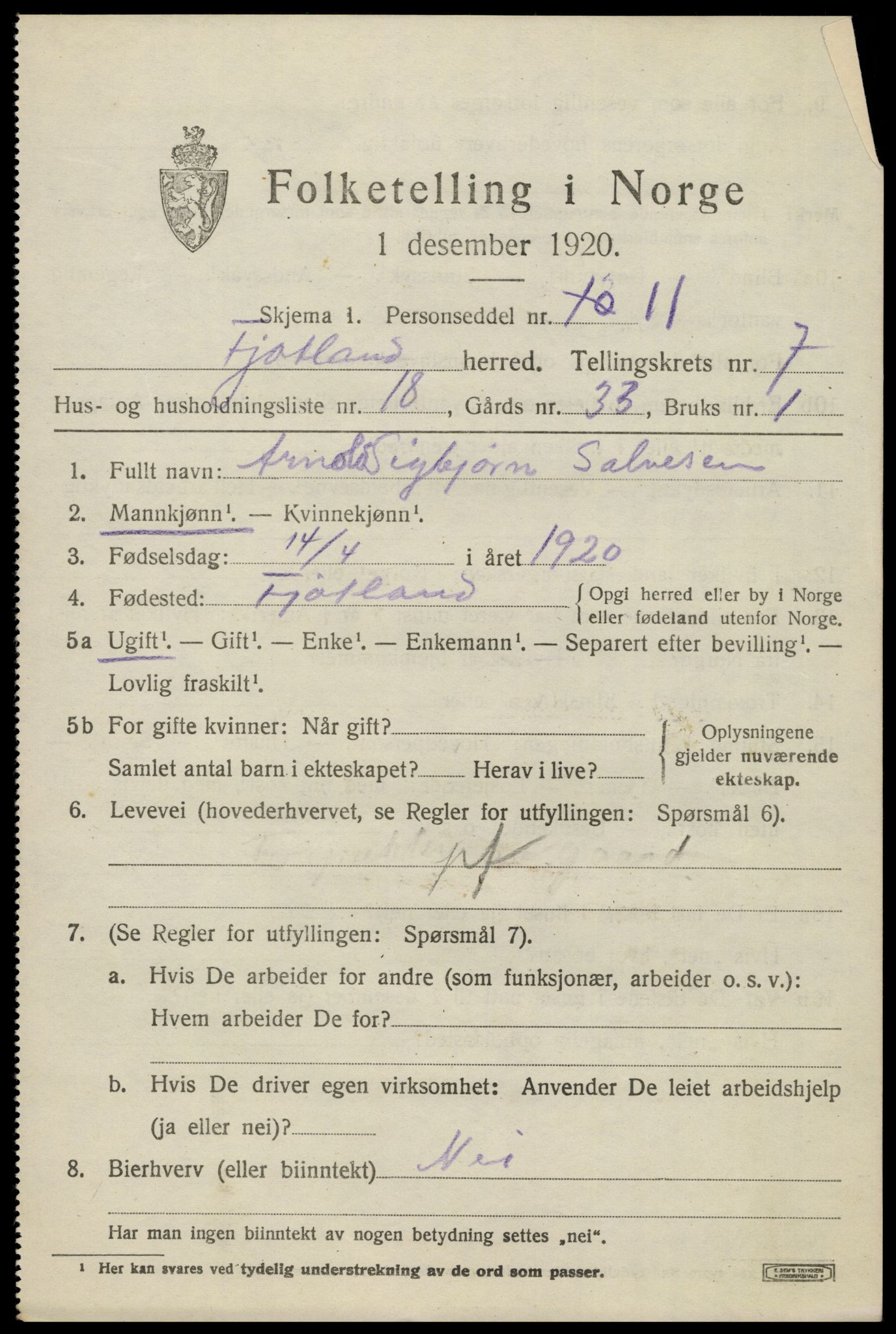 SAK, 1920 census for Fjotland, 1920, p. 1998