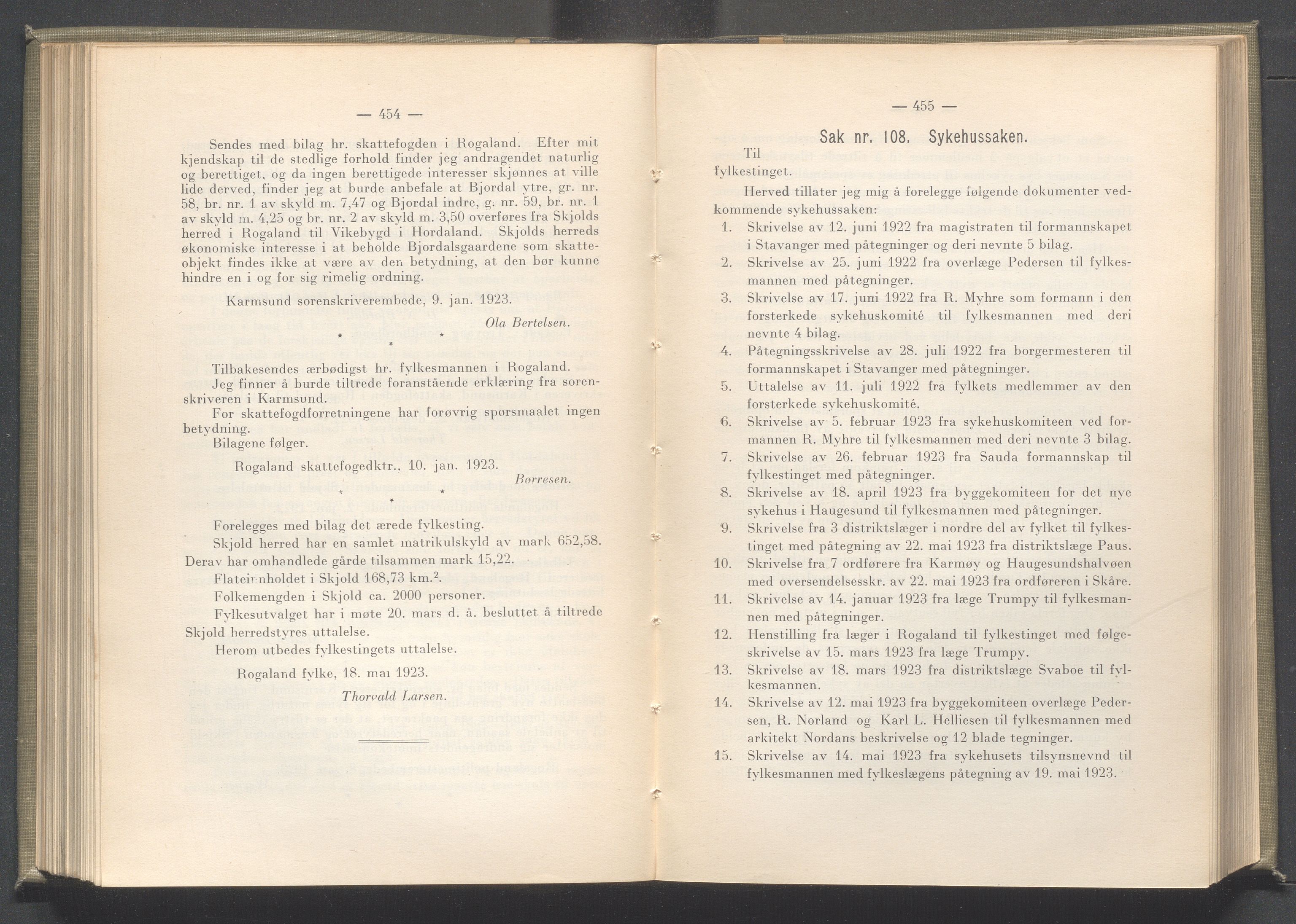 Rogaland fylkeskommune - Fylkesrådmannen , IKAR/A-900/A/Aa/Aaa/L0042: Møtebok , 1923, p. 454-455