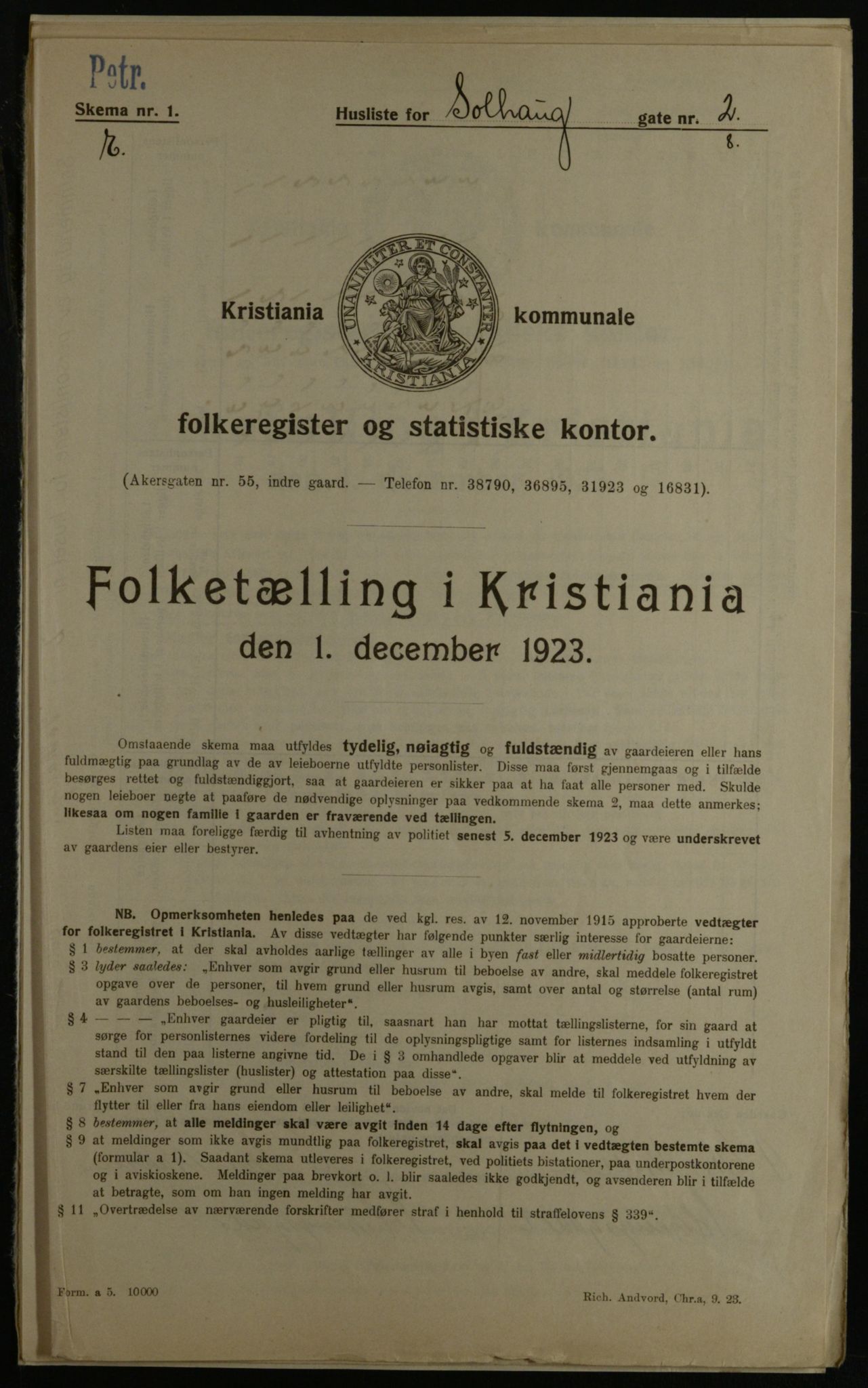 OBA, Municipal Census 1923 for Kristiania, 1923, p. 109518