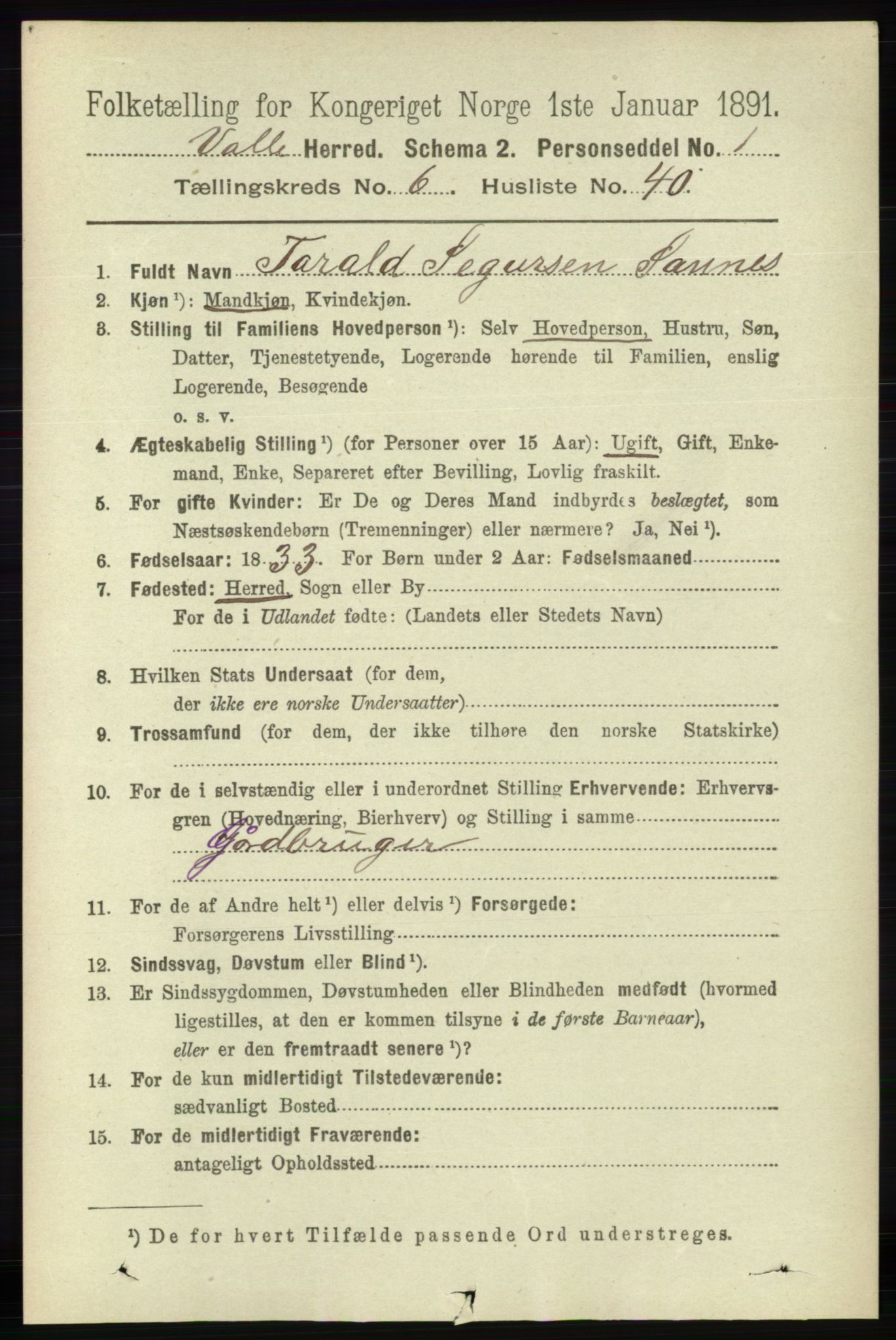 RA, 1891 census for 0940 Valle, 1891, p. 1913