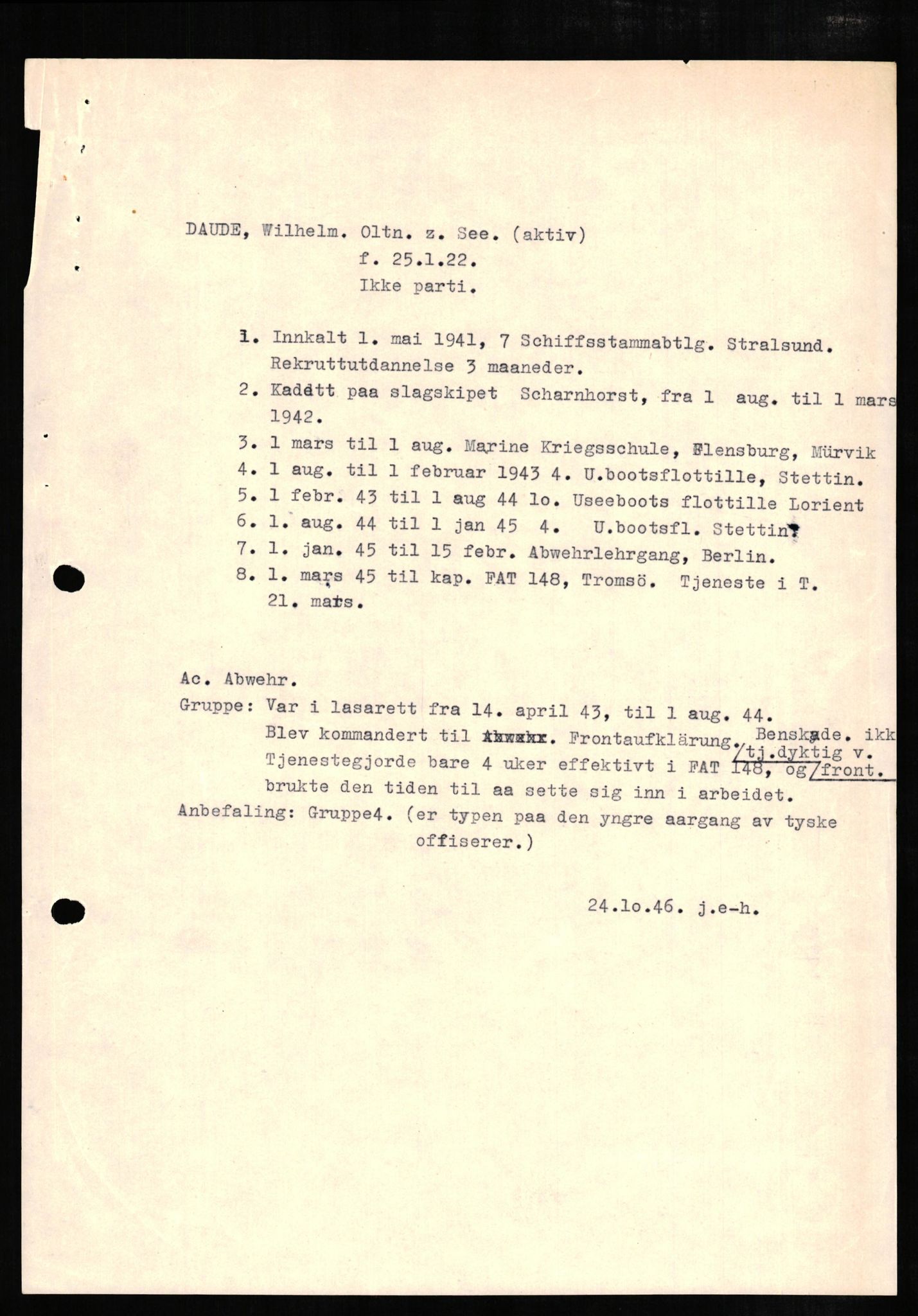 Forsvaret, Forsvarets overkommando II, RA/RAFA-3915/D/Db/L0005: CI Questionaires. Tyske okkupasjonsstyrker i Norge. Tyskere., 1945-1946, p. 364