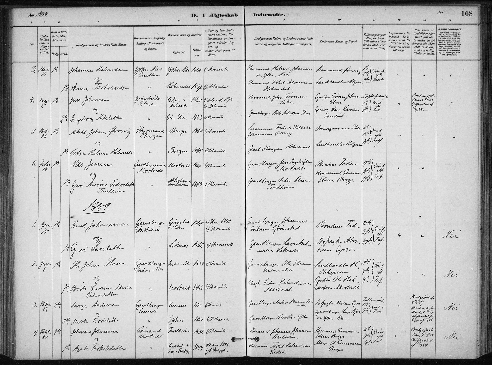 Skånevik sokneprestembete, SAB/A-77801/H/Haa: Parish register (official) no. B 1, 1879-1914, p. 168