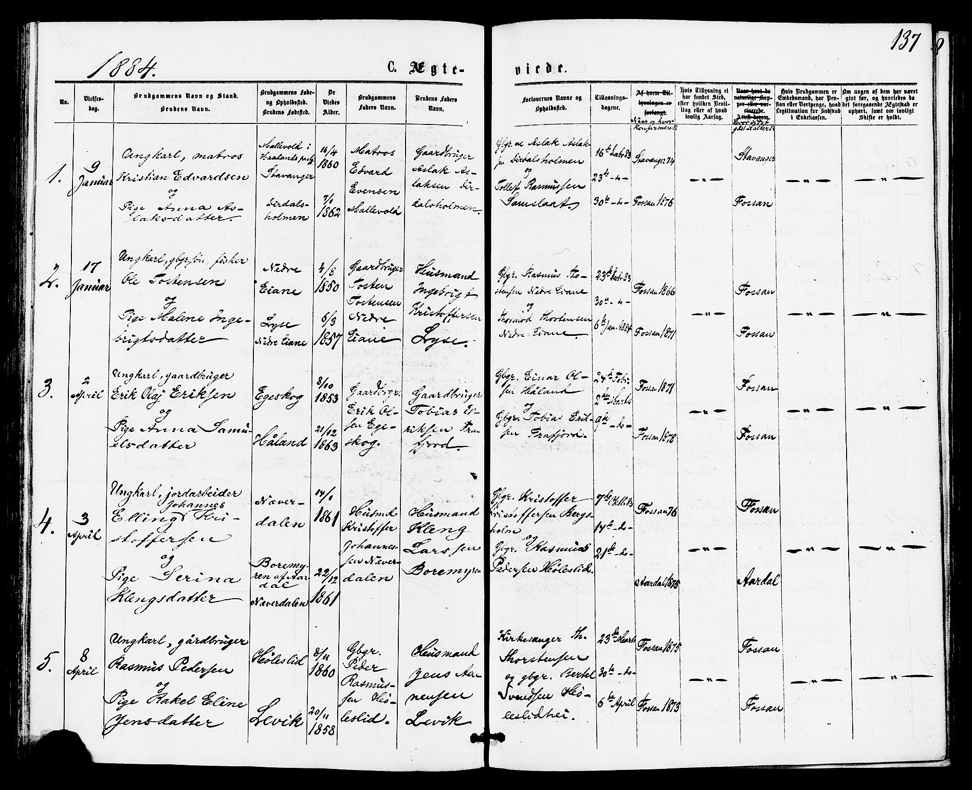 Høgsfjord sokneprestkontor, SAST/A-101624/H/Ha/Haa/L0004: Parish register (official) no. A 4, 1876-1884, p. 137