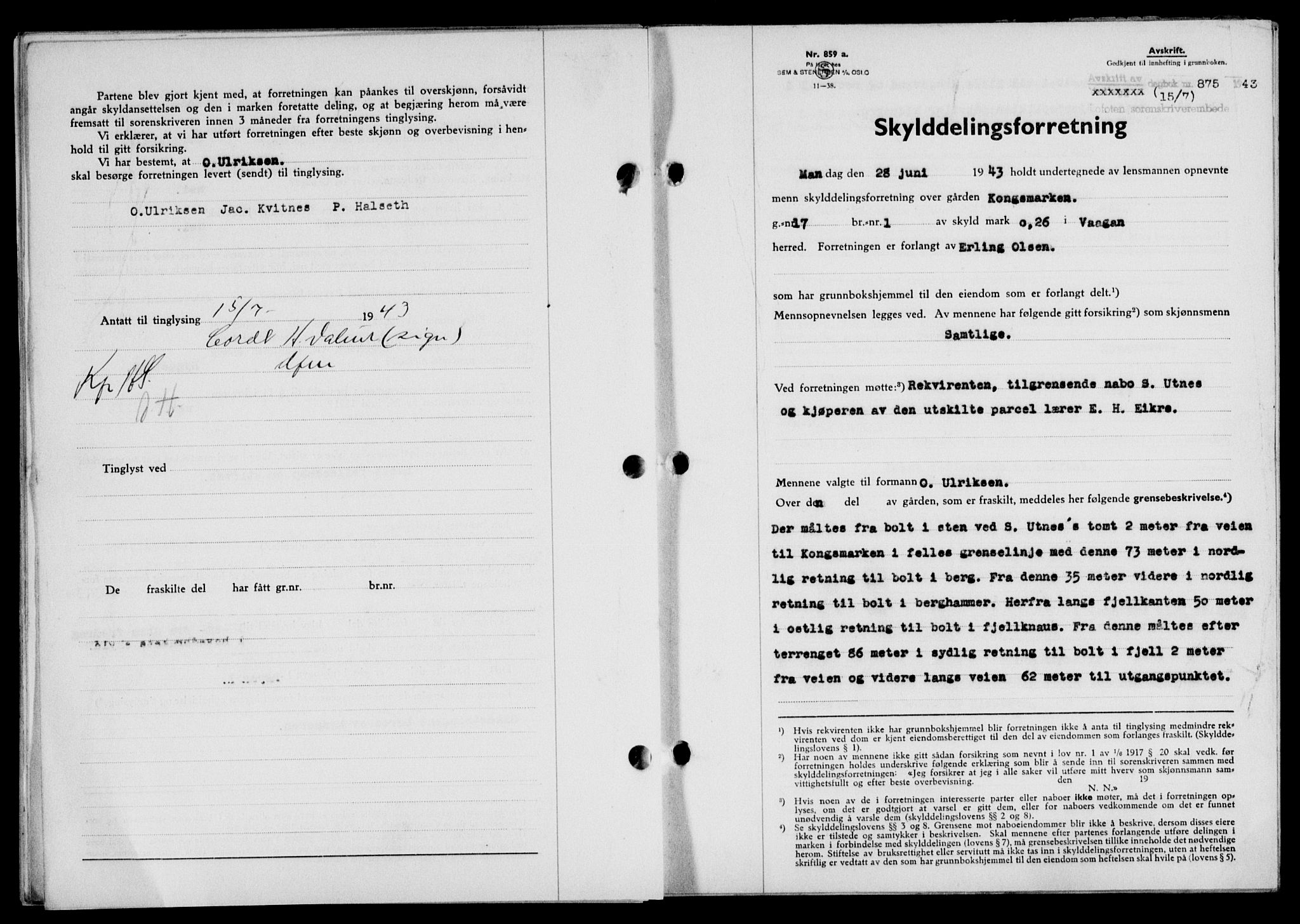 Lofoten sorenskriveri, SAT/A-0017/1/2/2C/L0011a: Mortgage book no. 11a, 1943-1943, Diary no: : 875/1943