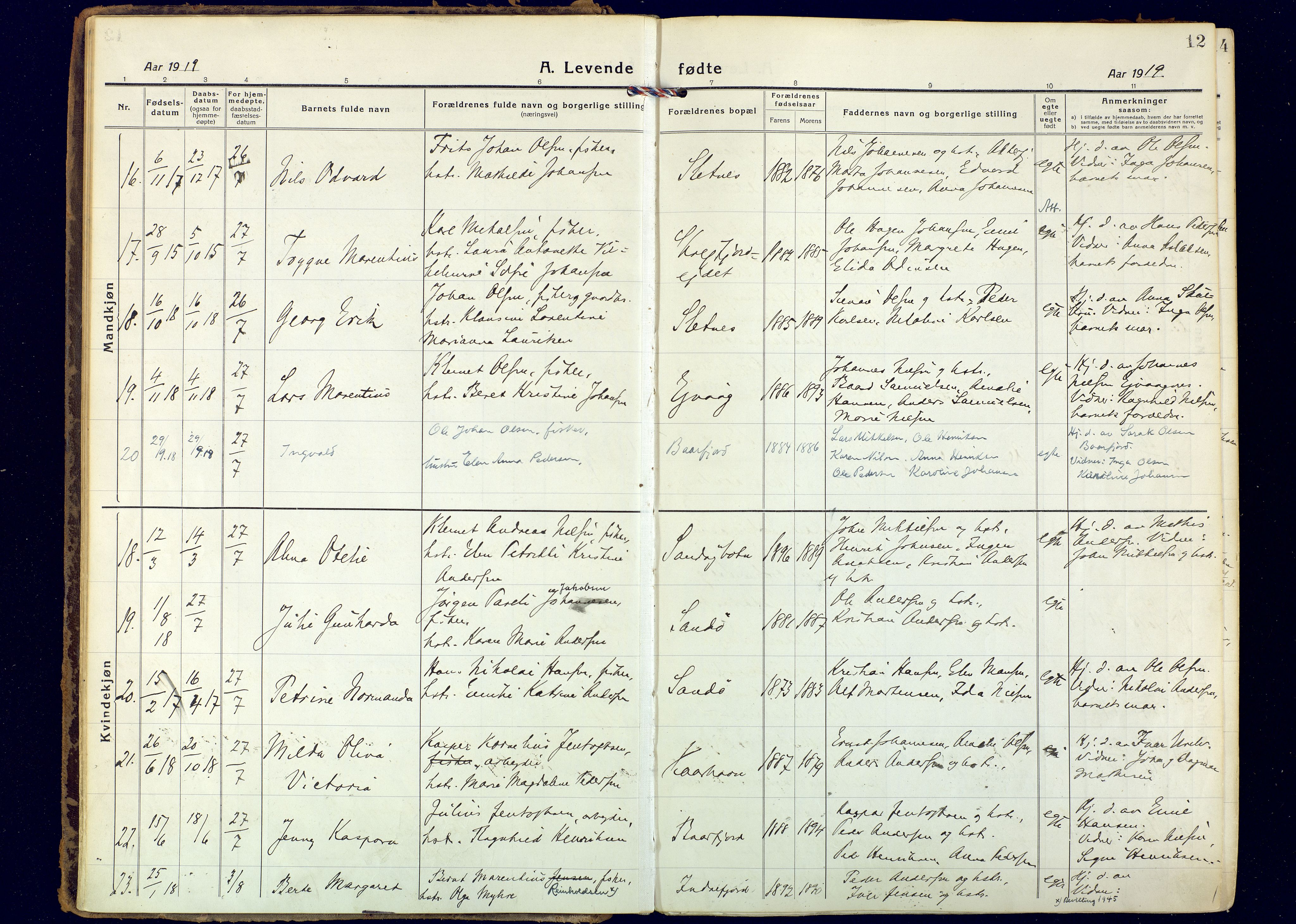 Hammerfest sokneprestkontor, AV/SATØ-S-1347/H/Ha/L0018.kirke: Parish register (official) no. 18, 1918-1933, p. 12