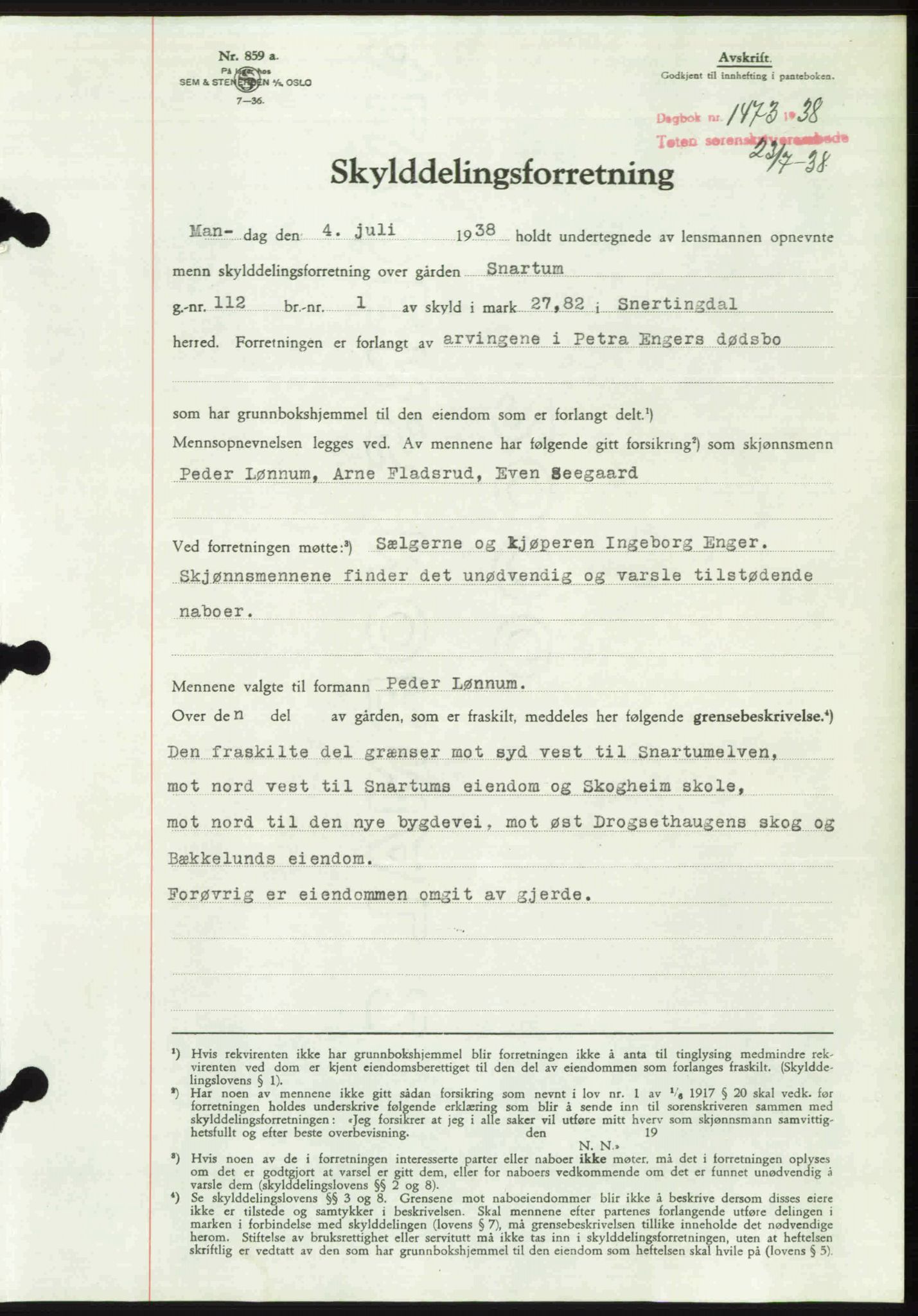 Toten tingrett, SAH/TING-006/H/Hb/Hbc/L0004: Mortgage book no. Hbc-04, 1938-1938, Diary no: : 1473/1938