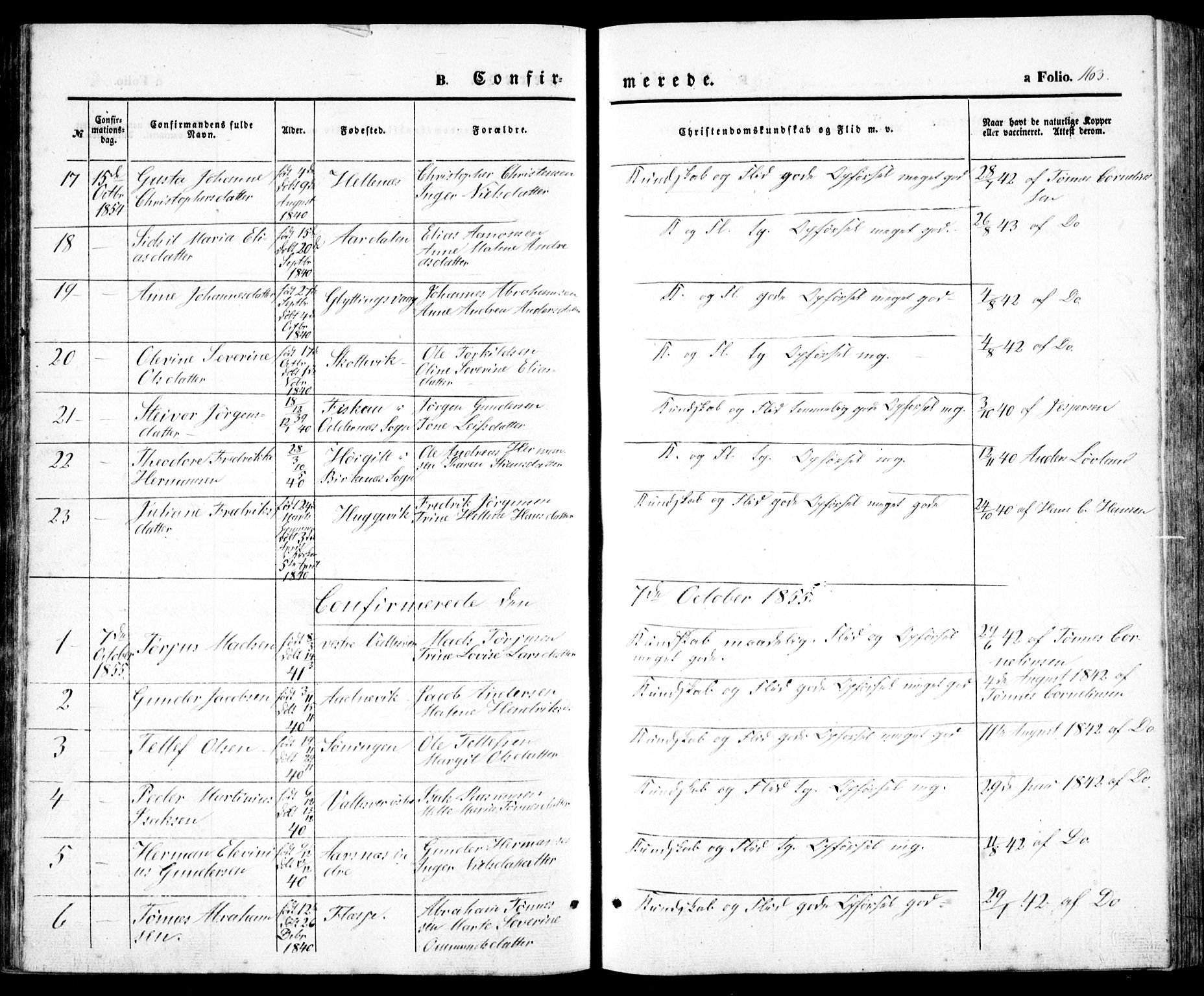 Høvåg sokneprestkontor, SAK/1111-0025/F/Fb/L0002: Parish register (copy) no. B 2, 1847-1869, p. 163