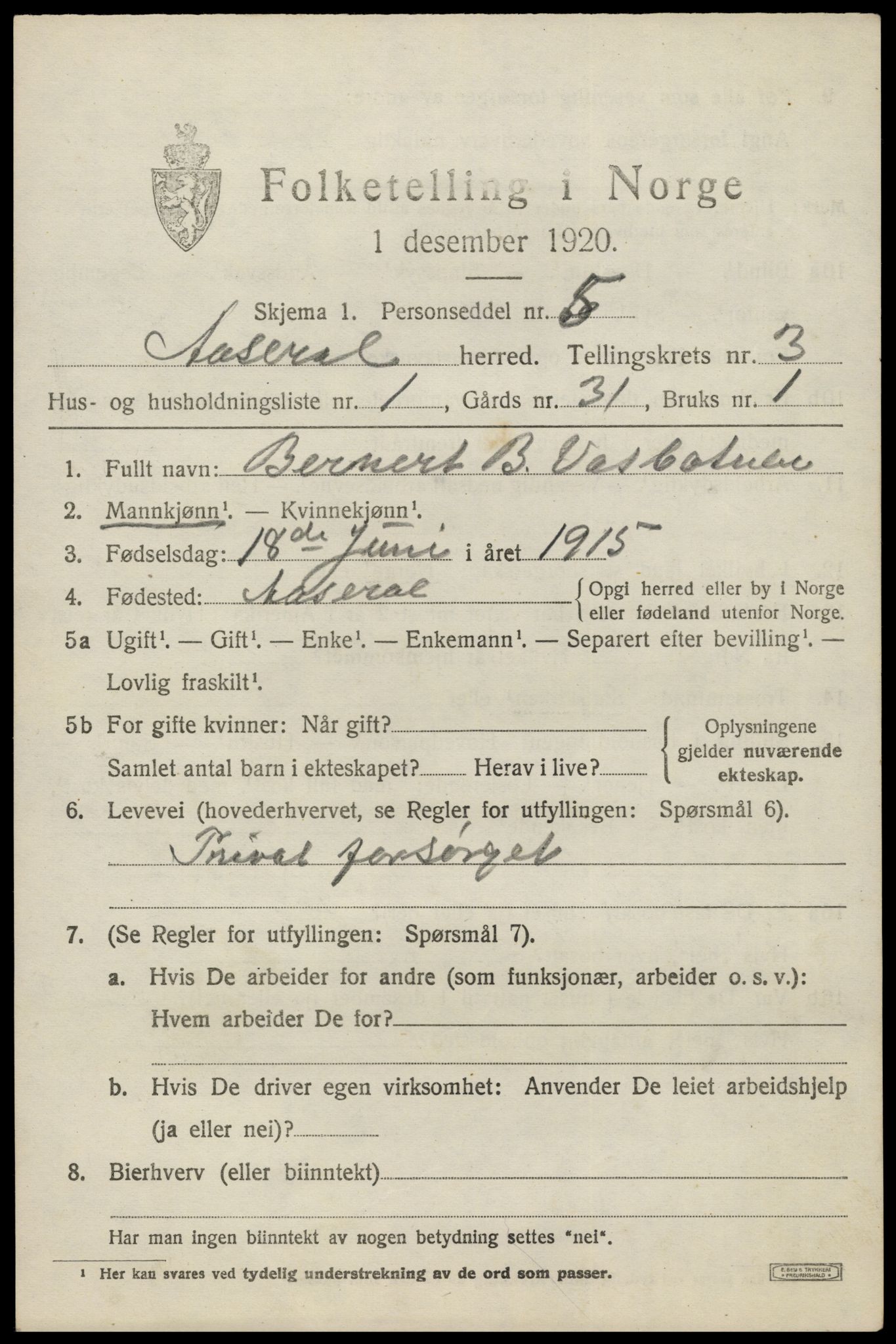 SAK, 1920 census for Åseral, 1920, p. 1004