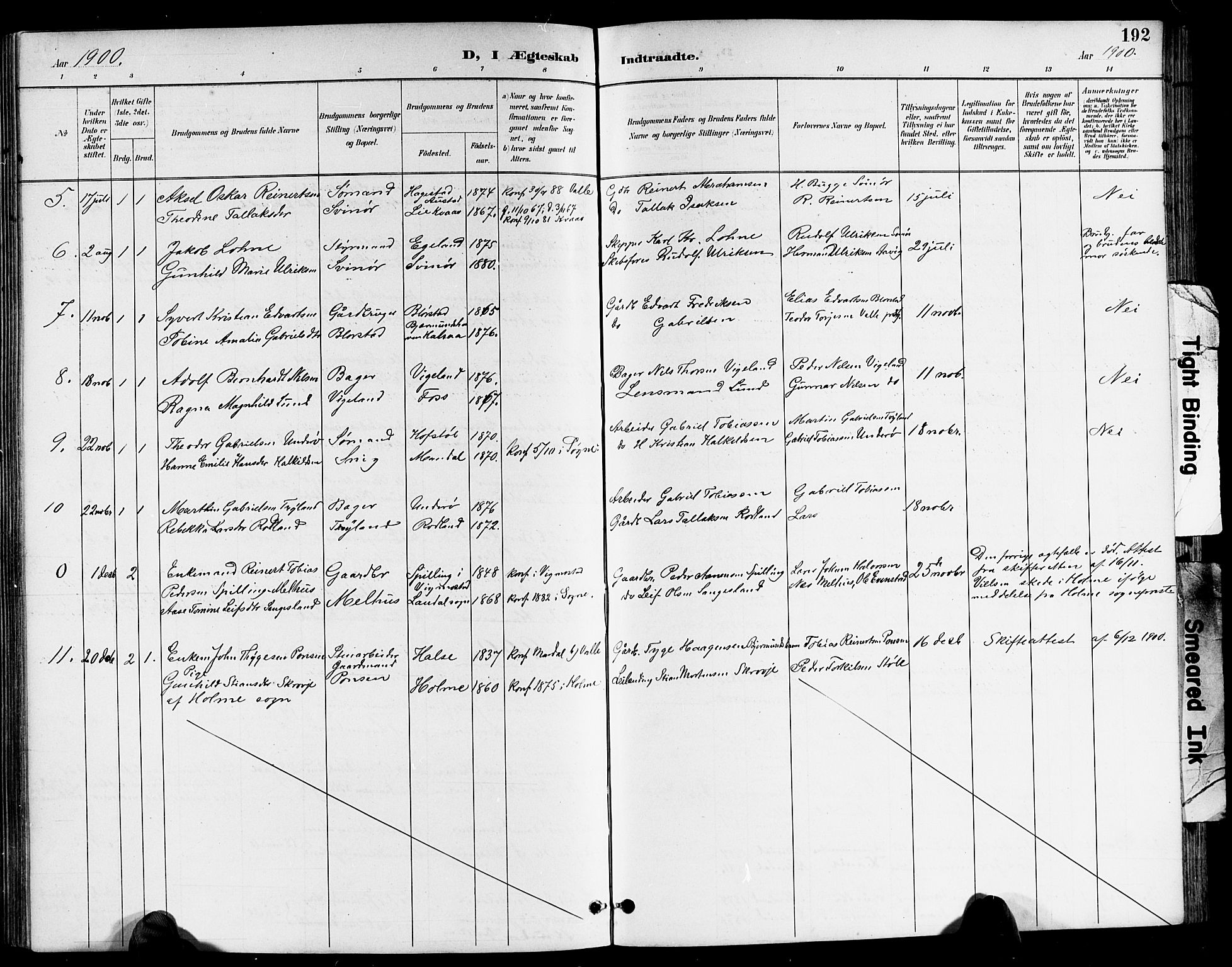 Sør-Audnedal sokneprestkontor, SAK/1111-0039/F/Fb/Fbb/L0006: Parish register (copy) no. B 6, 1893-1915, p. 192