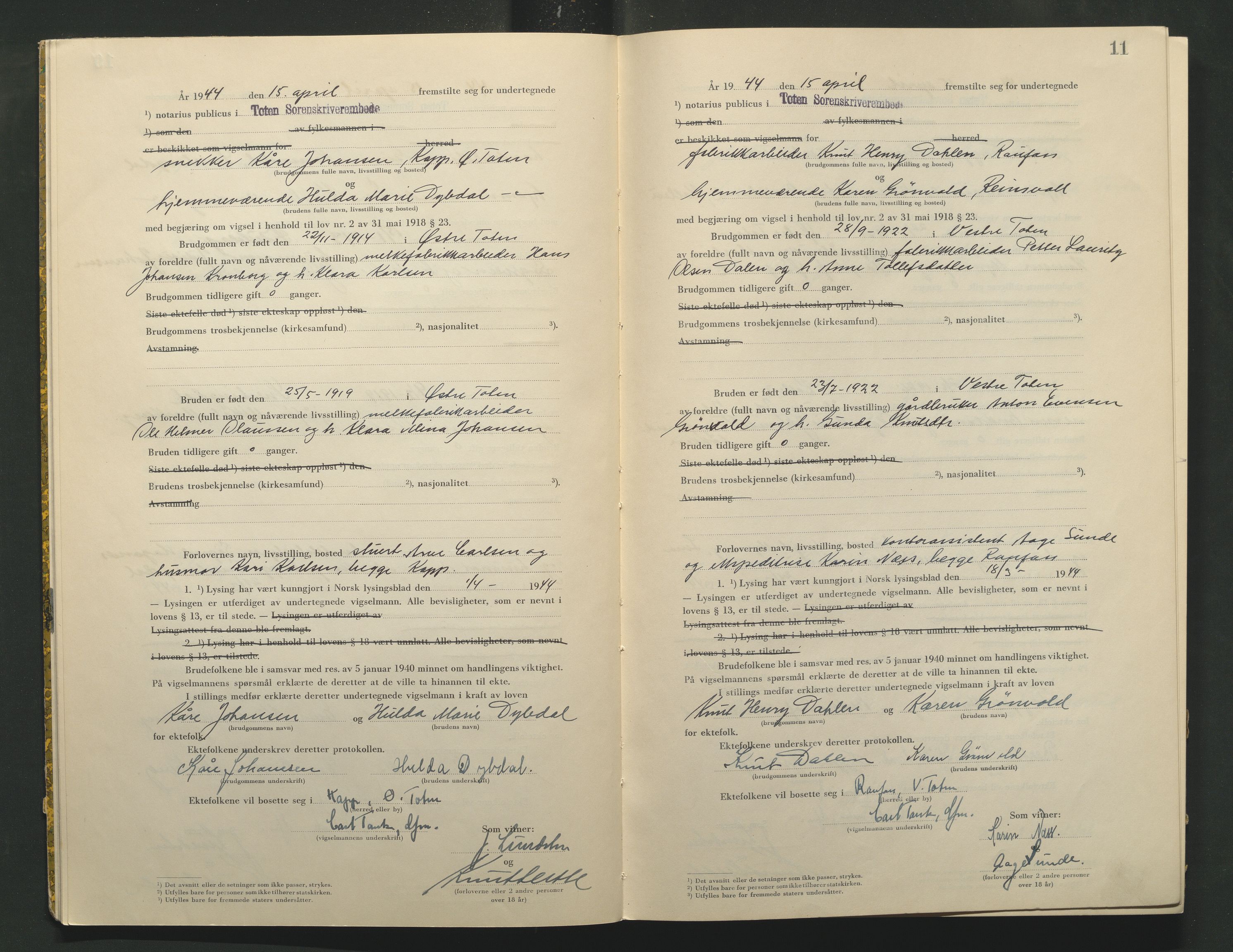 Toten tingrett, AV/SAH-TING-006/L/Lc/L0004: Vigselbok, 1944, p. 11