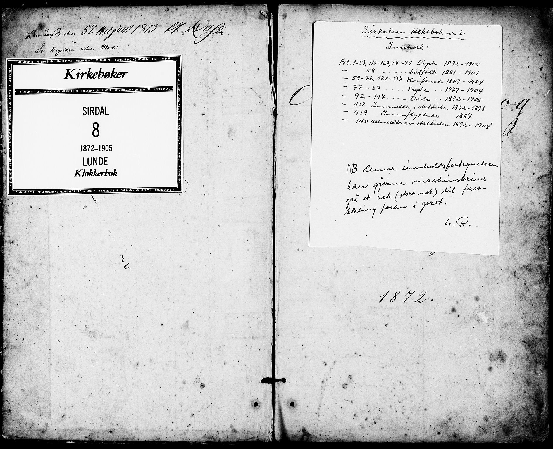 Sirdal sokneprestkontor, SAK/1111-0036/F/Fb/Fba/L0001: Parish register (copy) no. B 1, 1872-1905, p. 1
