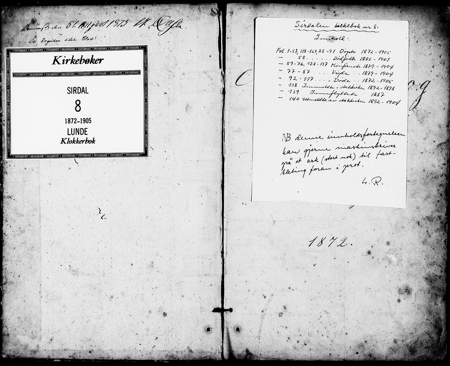 Sirdal sokneprestkontor, AV/SAK-1111-0036/F/Fb/Fba/L0001: Parish register (copy) no. B 1, 1872-1905, p. 1