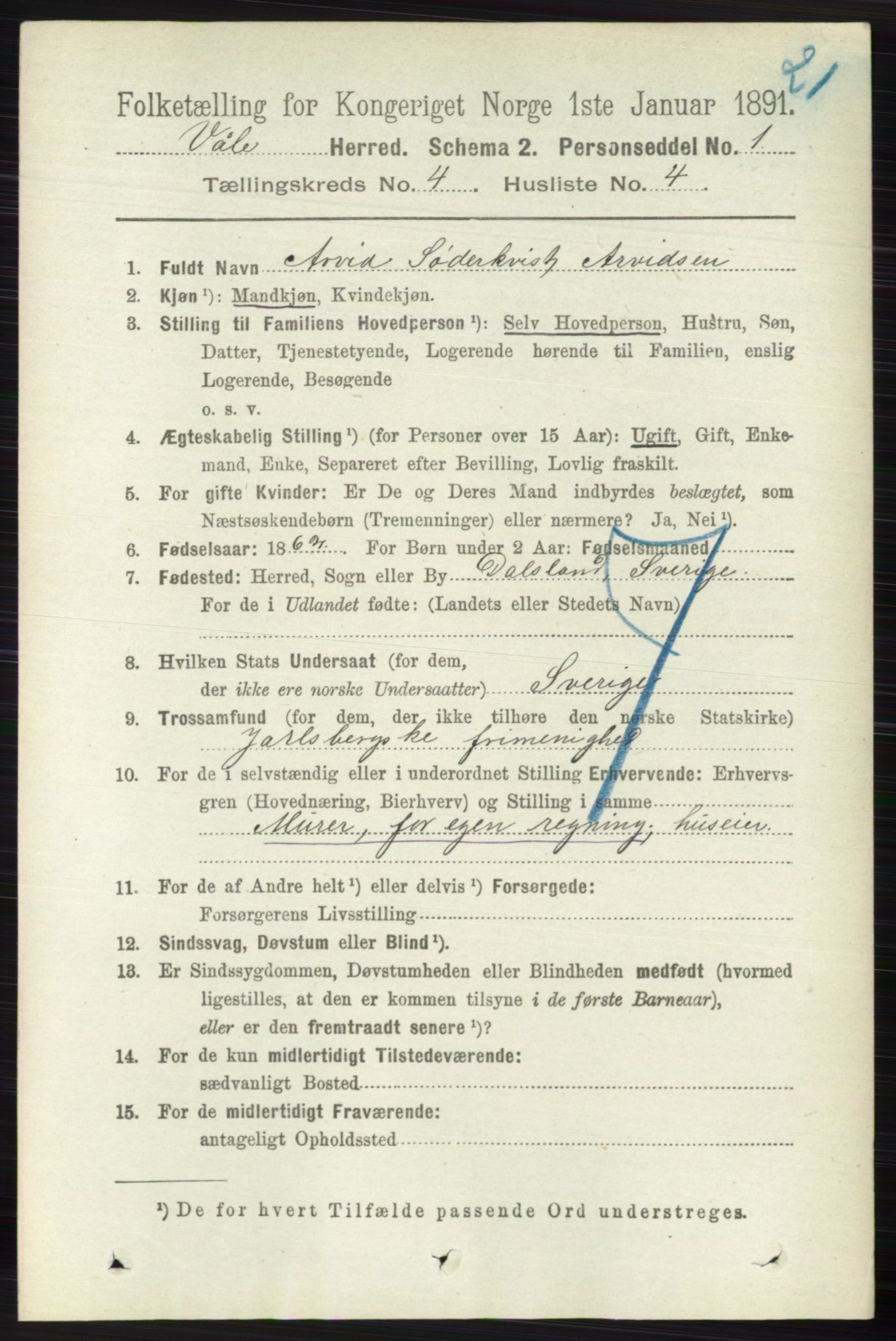 RA, 1891 census for 0716 Våle, 1891, p. 1007
