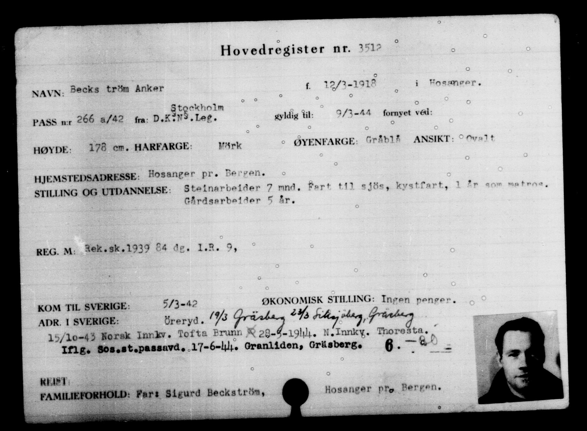 Utenriksstasjonene, Legasjonen i Stockholm, Flyktningkontoret, AV/RA-S-6753/V/Va/L0004: Kjesäterkartoteket, flyktninger med registreringsnr. 3496-6610, 1940-1945, p. 21