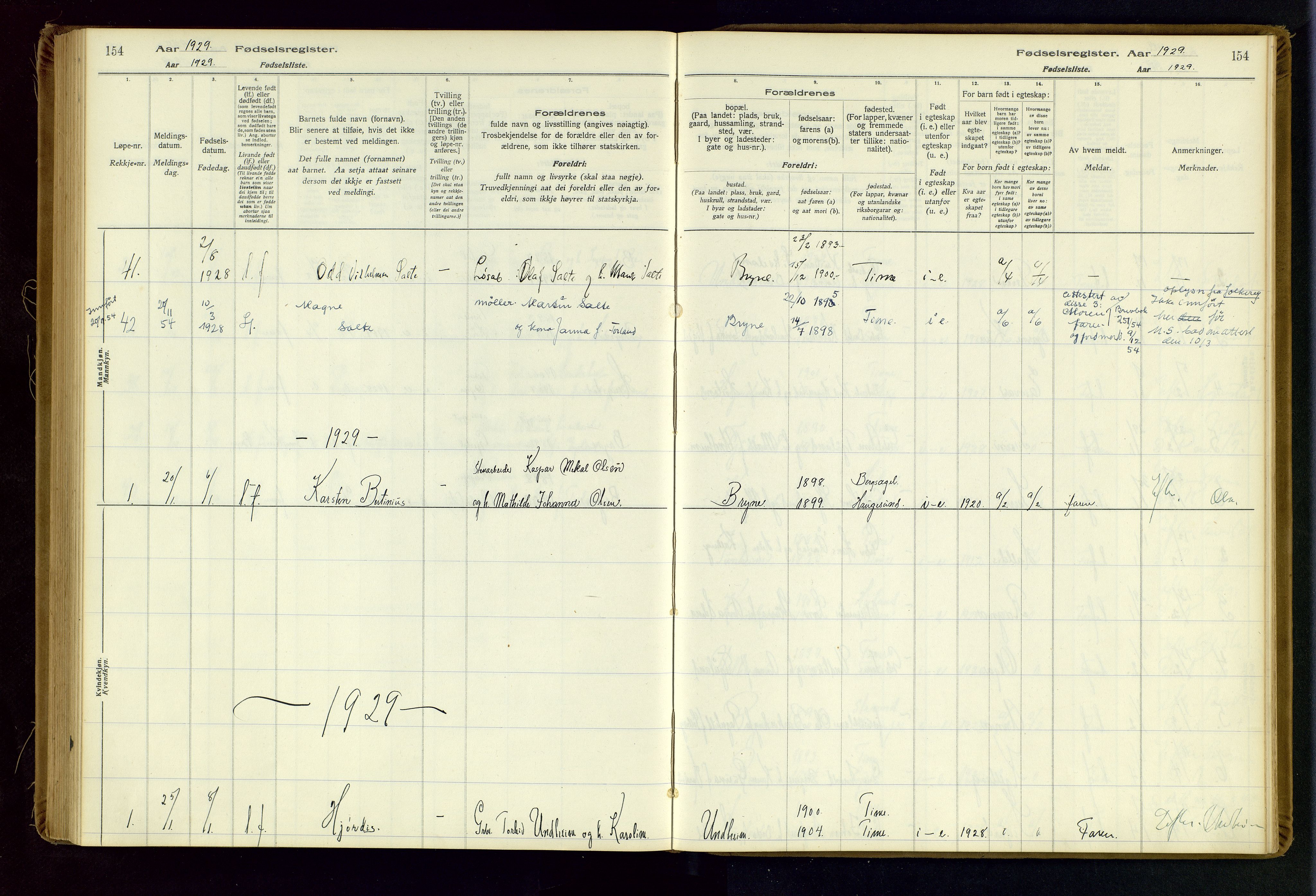 Time sokneprestkontor, SAST/A-101795/001/704BA/L0001: Birth register no. 1, 1916-1934, p. 154