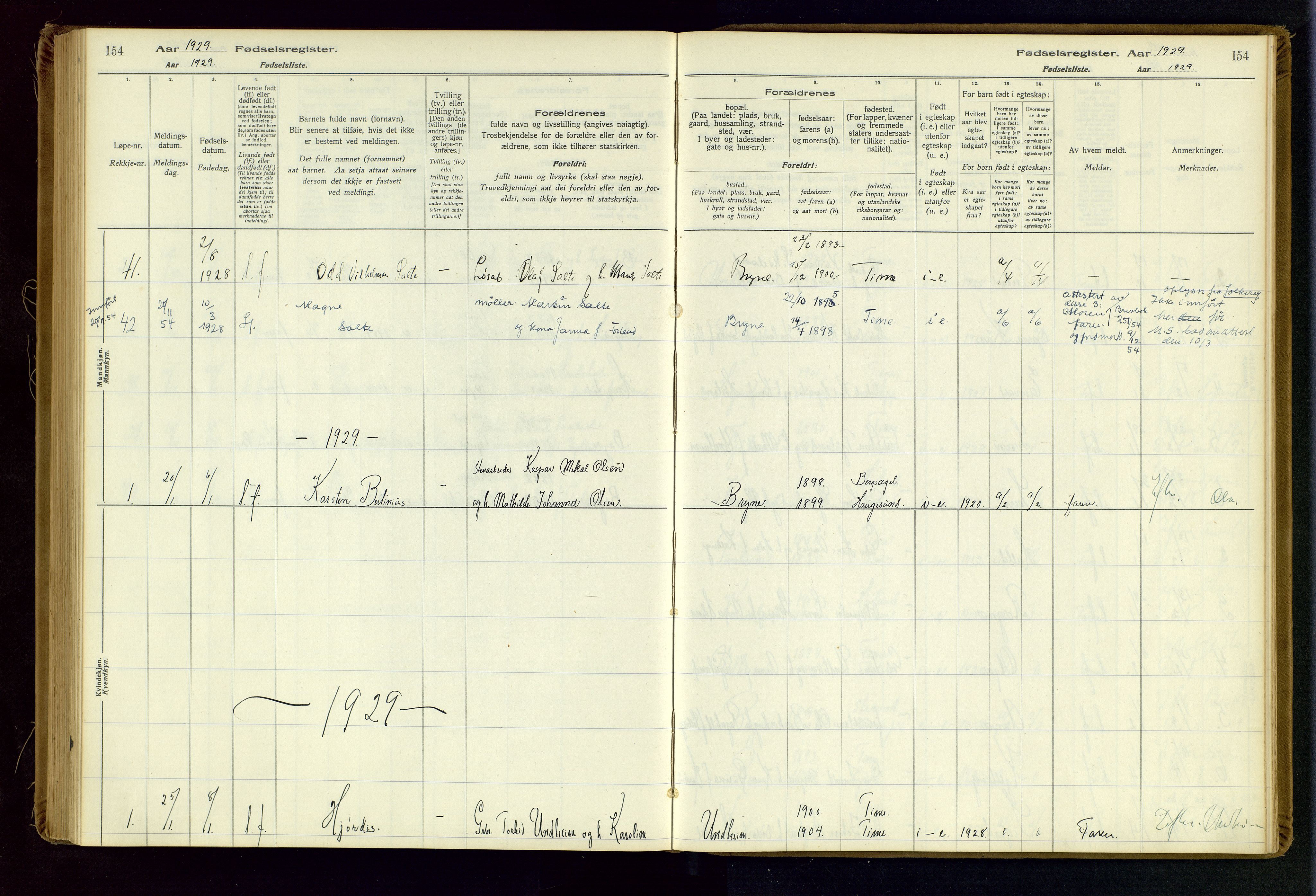 Time sokneprestkontor, AV/SAST-A-101795/001/704BA/L0001: Birth register no. 1, 1916-1934, p. 154