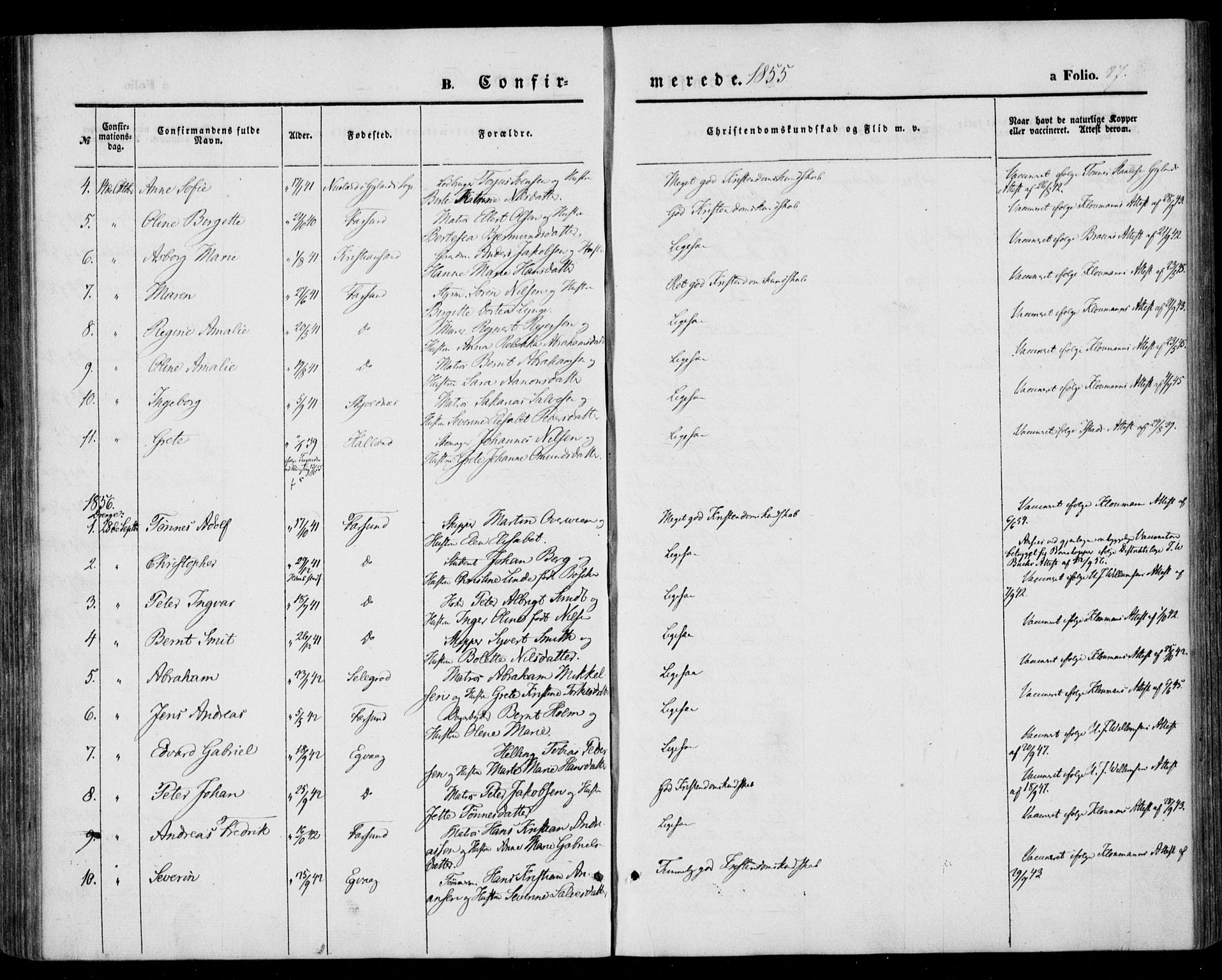 Farsund sokneprestkontor, AV/SAK-1111-0009/F/Fa/L0004: Parish register (official) no. A 4, 1847-1863, p. 87