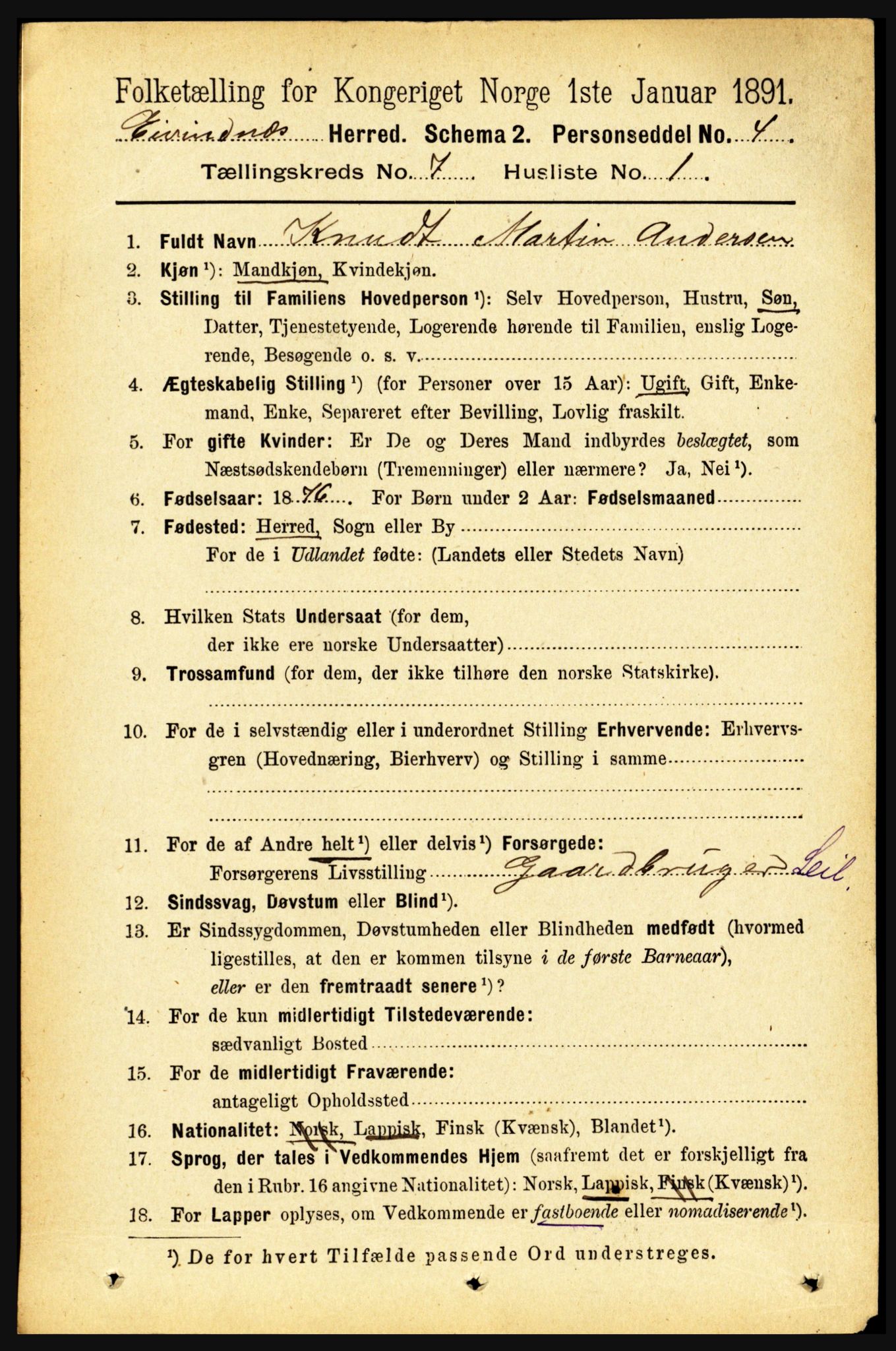 RA, 1891 census for 1853 Evenes, 1891, p. 2175