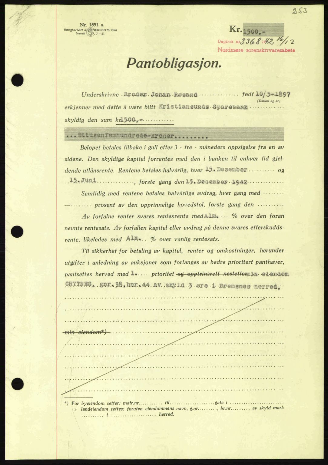 Nordmøre sorenskriveri, AV/SAT-A-4132/1/2/2Ca: Mortgage book no. B90, 1942-1943, Diary no: : 3368/1942