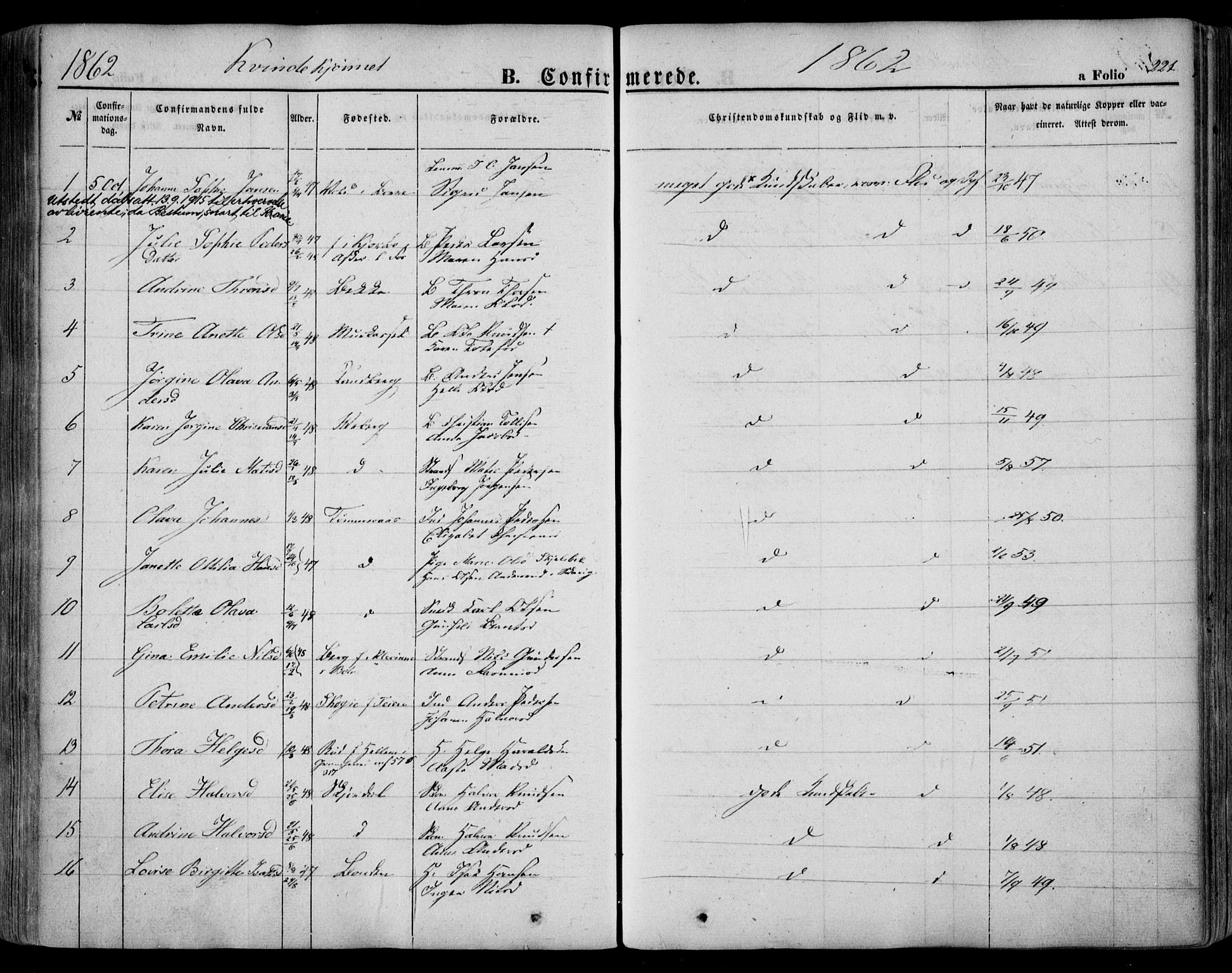 Sande Kirkebøker, SAKO/A-53/F/Fa/L0004: Parish register (official) no. 4, 1847-1864, p. 221