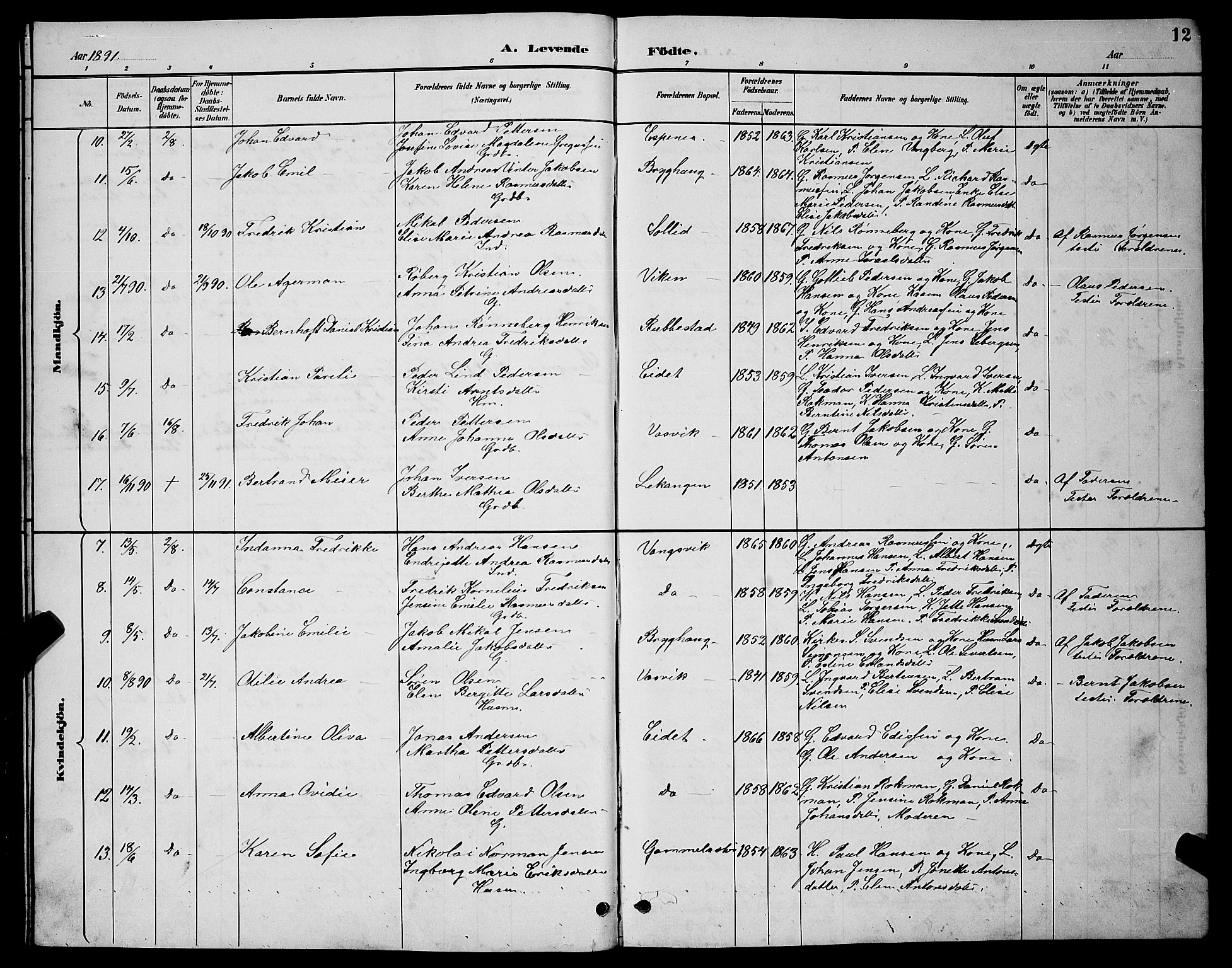 Tranøy sokneprestkontor, AV/SATØ-S-1313/I/Ia/Iab/L0004klokker: Parish register (copy) no. 4, 1888-1901, p. 12