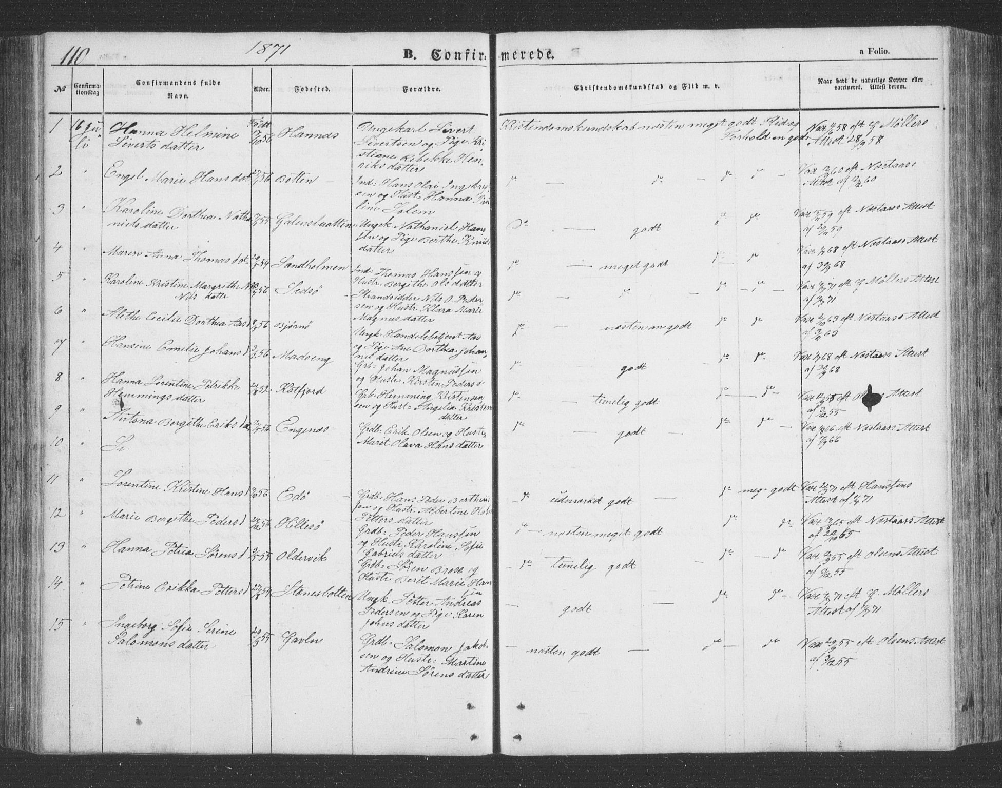 Lenvik sokneprestembete, SATØ/S-1310/H/Ha/Hab/L0020klokker: Parish register (copy) no. 20, 1855-1883, p. 110