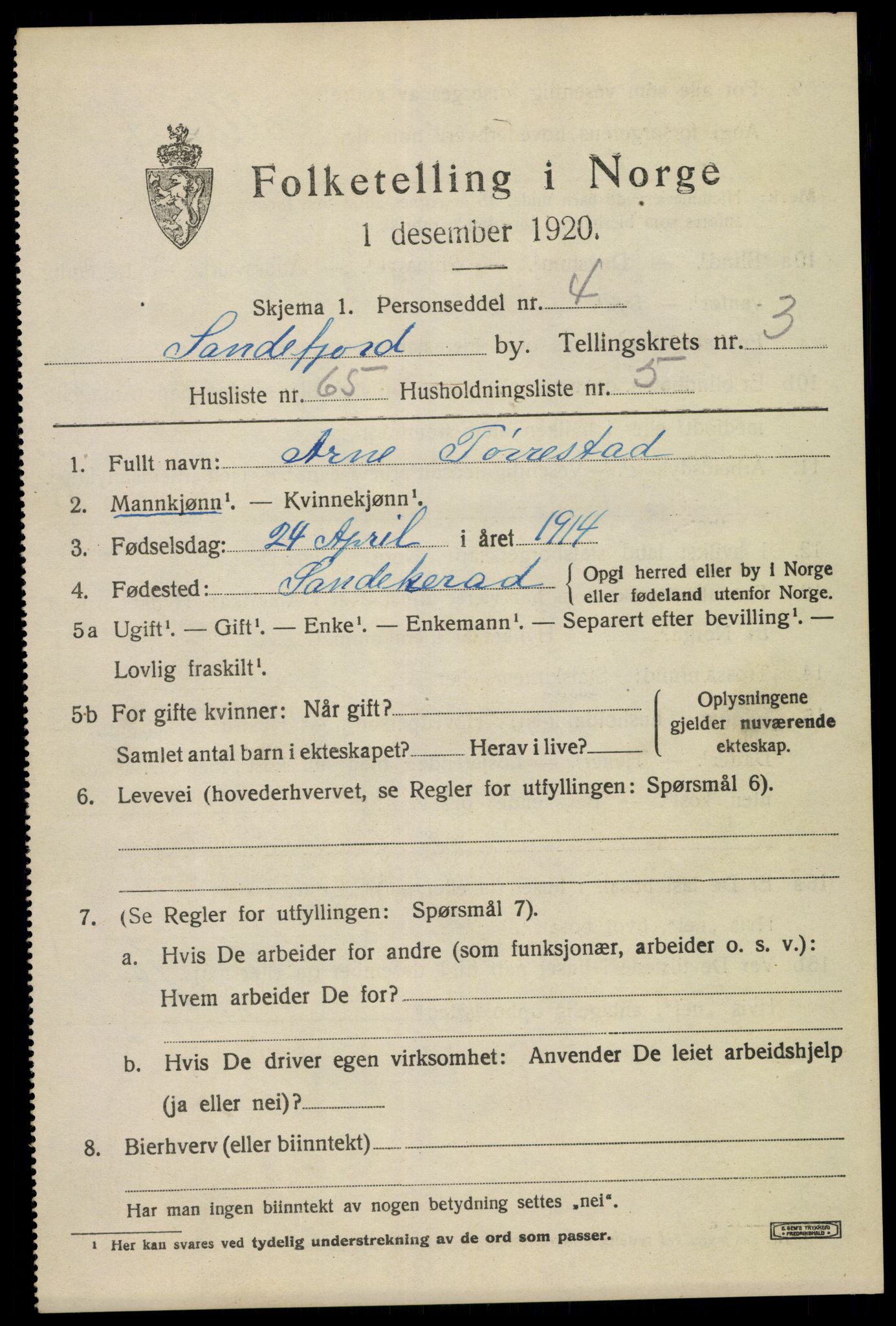 SAKO, 1920 census for Sandefjord, 1920, p. 7406