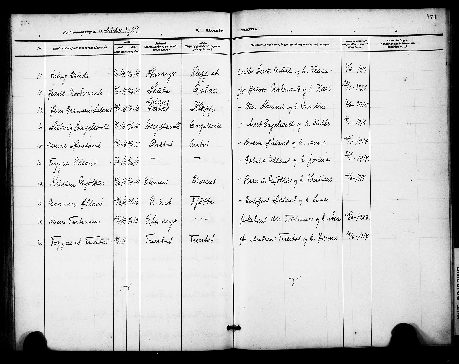 Klepp sokneprestkontor, AV/SAST-A-101803/001/3/30BB/L0007: Parish register (copy) no. B 7, 1908-1934, p. 171